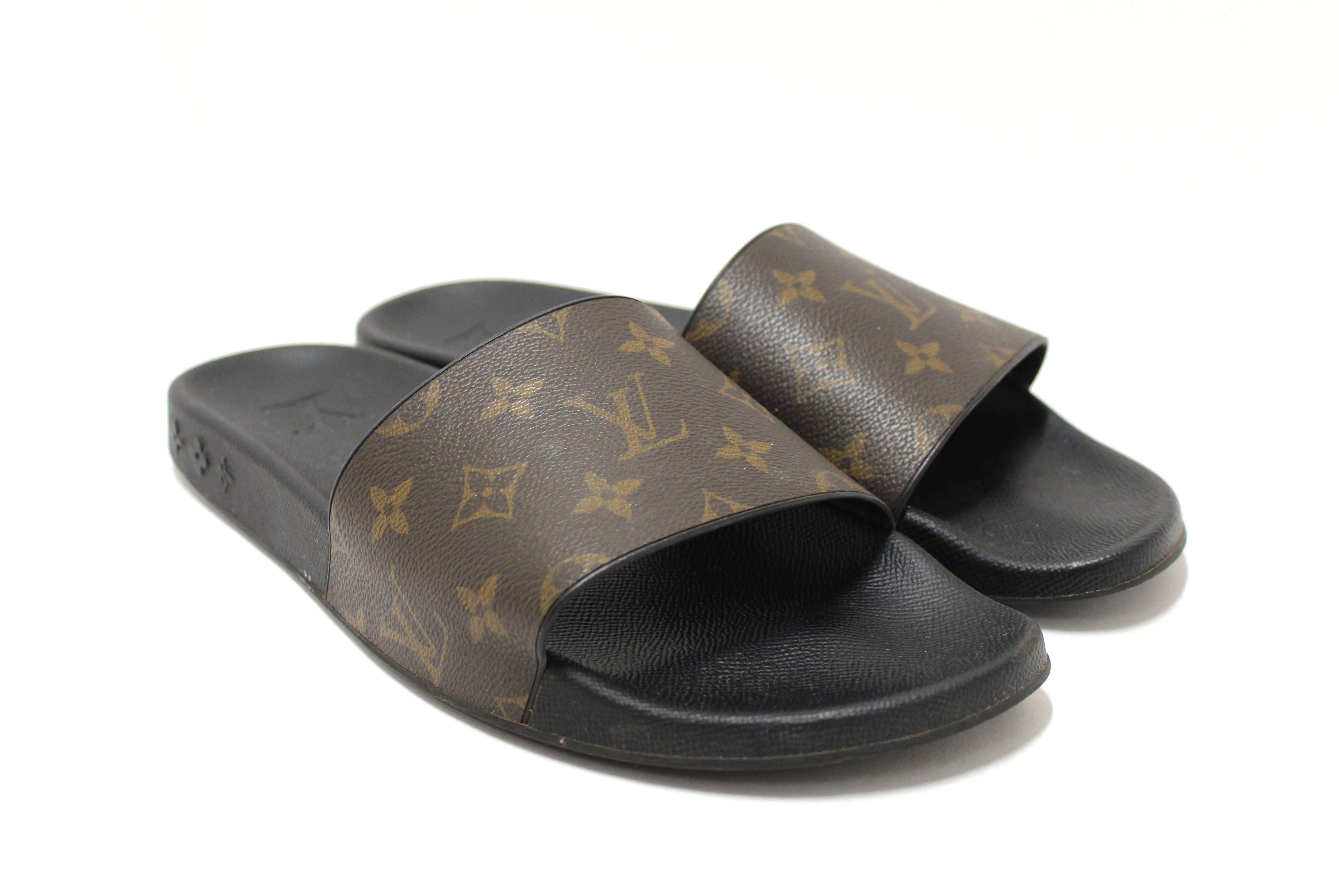 Authentic Louis Vuitton Men's Classic Monogram With Black Leather Waterfront Mule Size 9