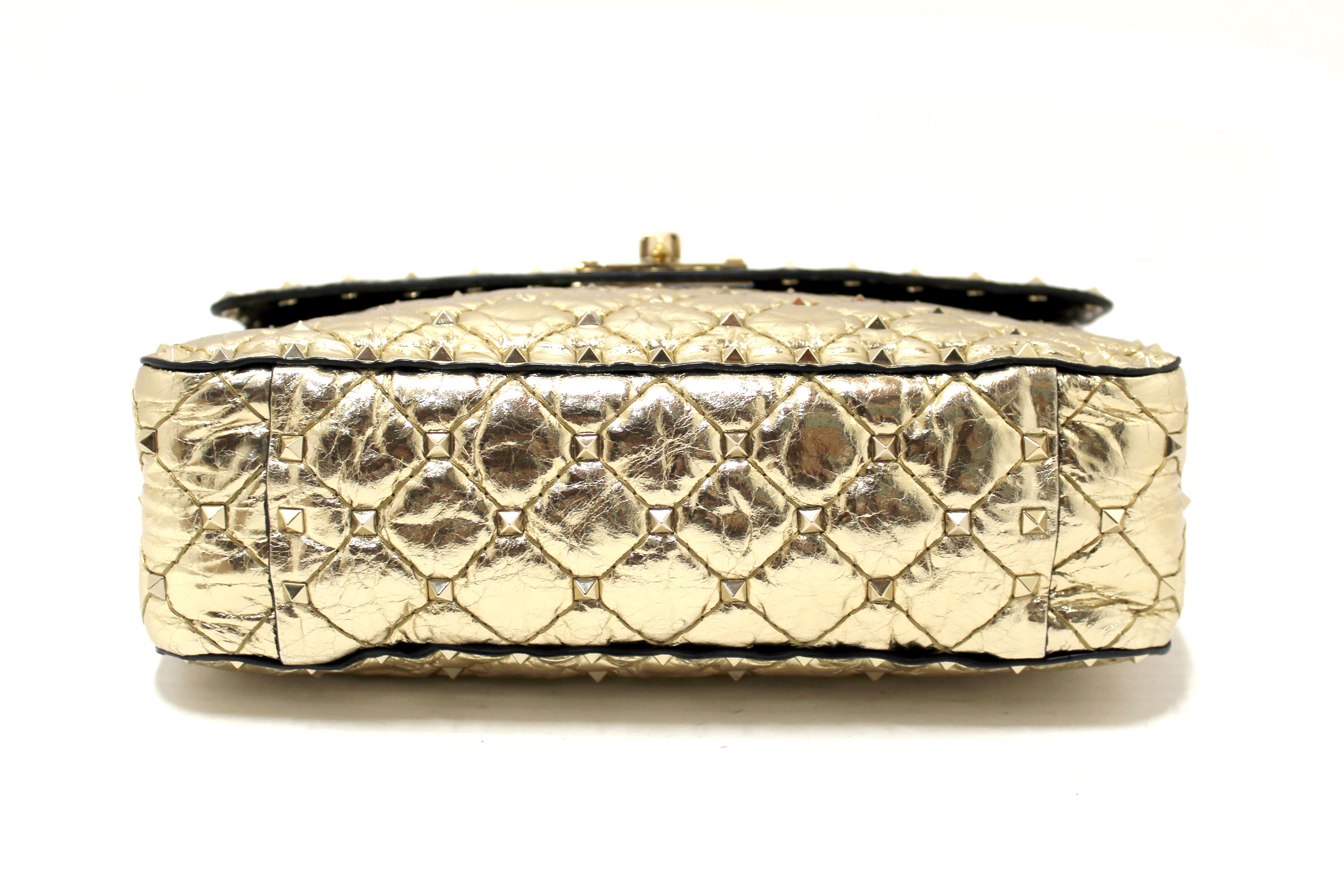 Authentic Valentino Garavani Gold-Tone Metallic Quilted Leather Rockstud Spike Medium Shoulder Bag