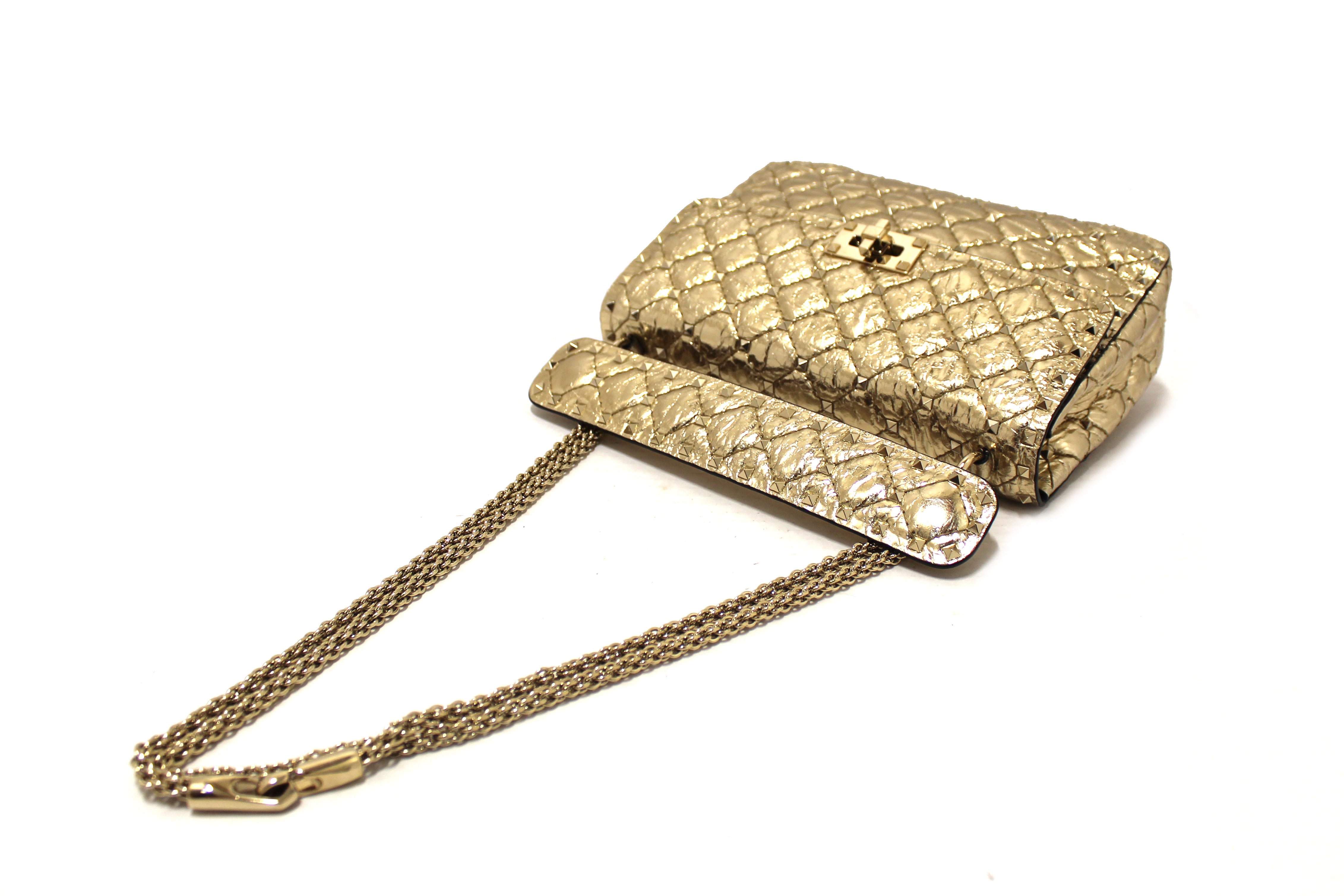 Authentic Valentino Garavani Gold-Tone Metallic Quilted Leather Rockstud Spike Medium Shoulder Bag