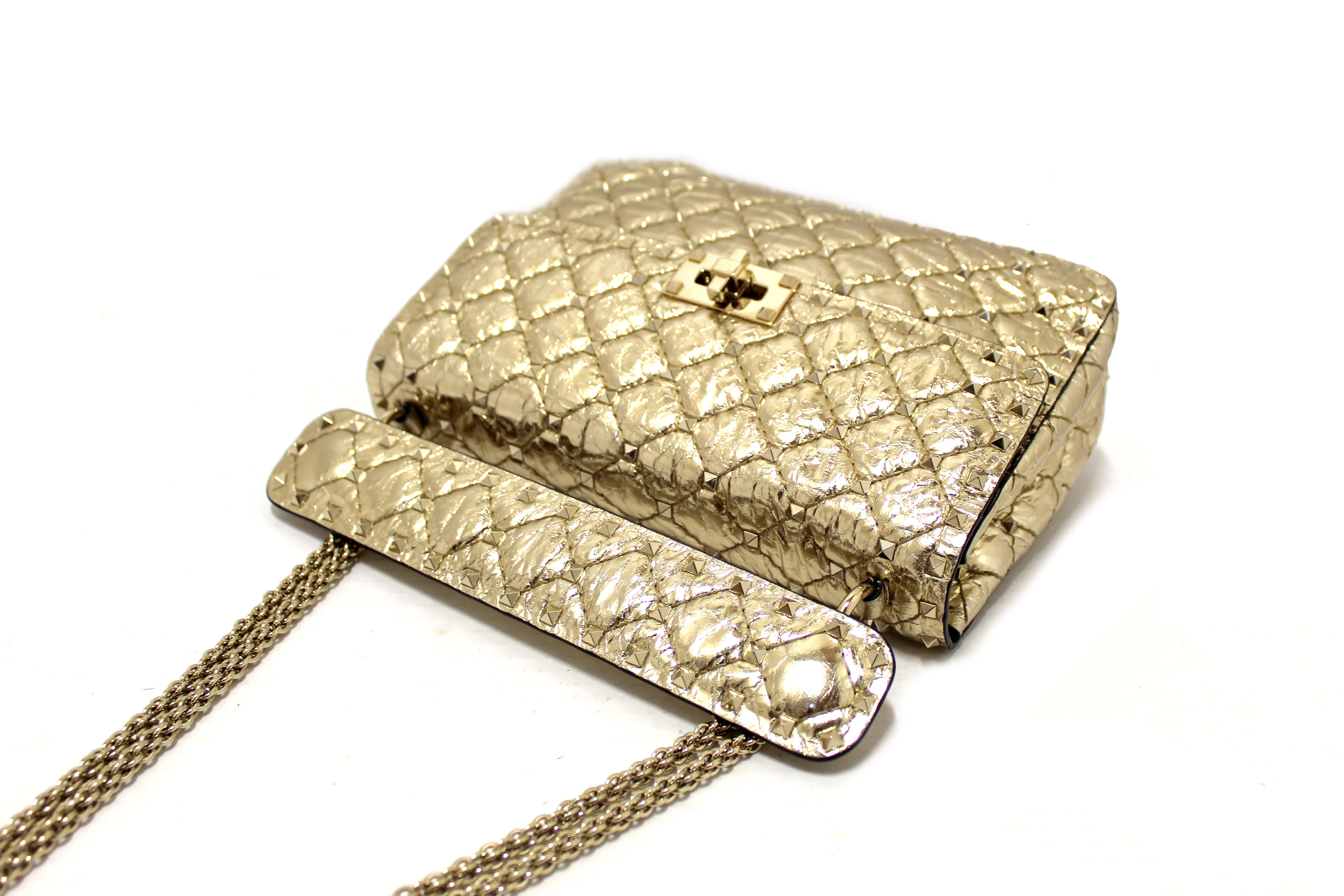 Authentic Valentino Garavani Gold-Tone Metallic Quilted Leather Rockstud Spike Medium Shoulder Bag