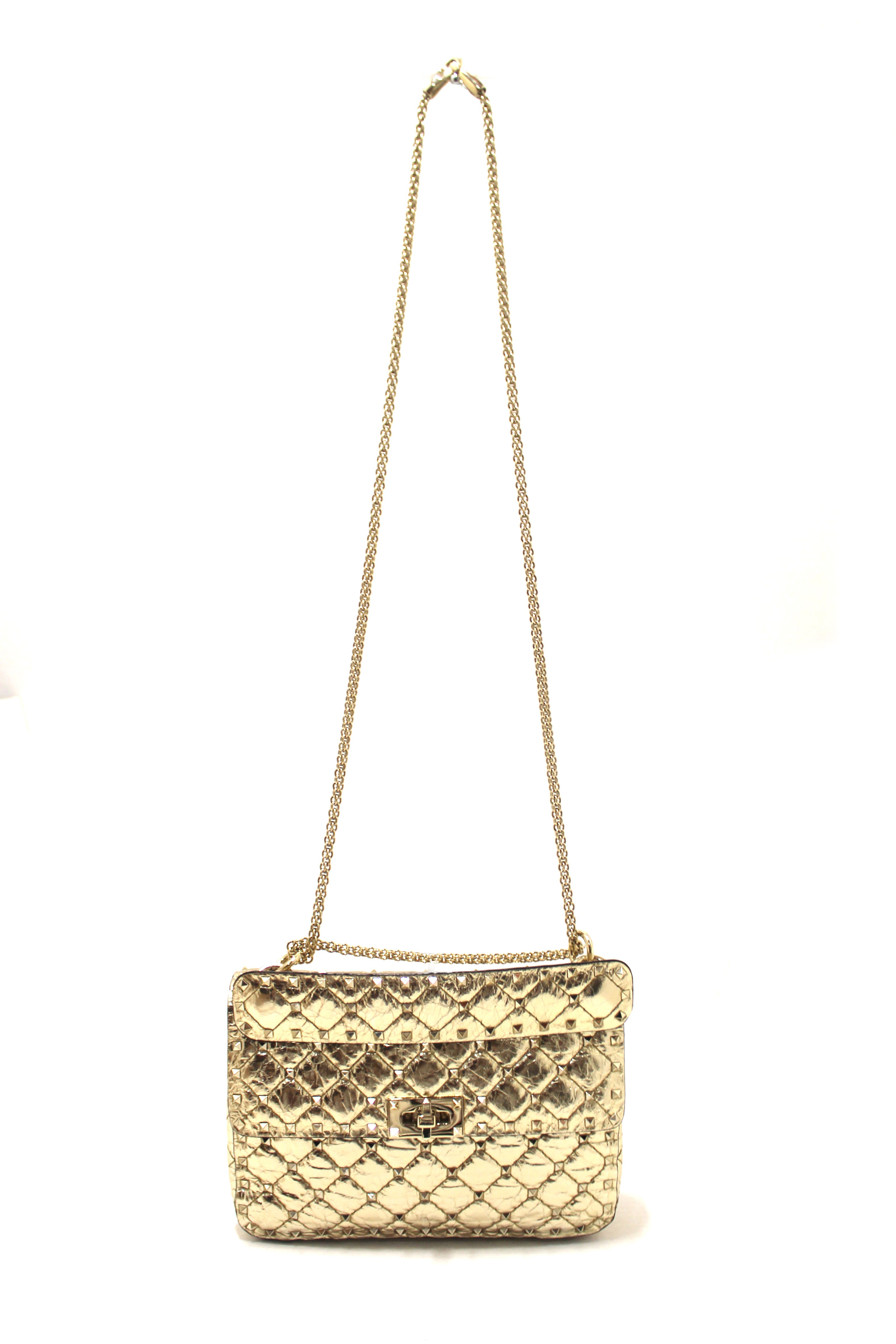 Authentic Valentino Garavani Gold-Tone Metallic Quilted Leather Rockstud Spike Medium Shoulder Bag