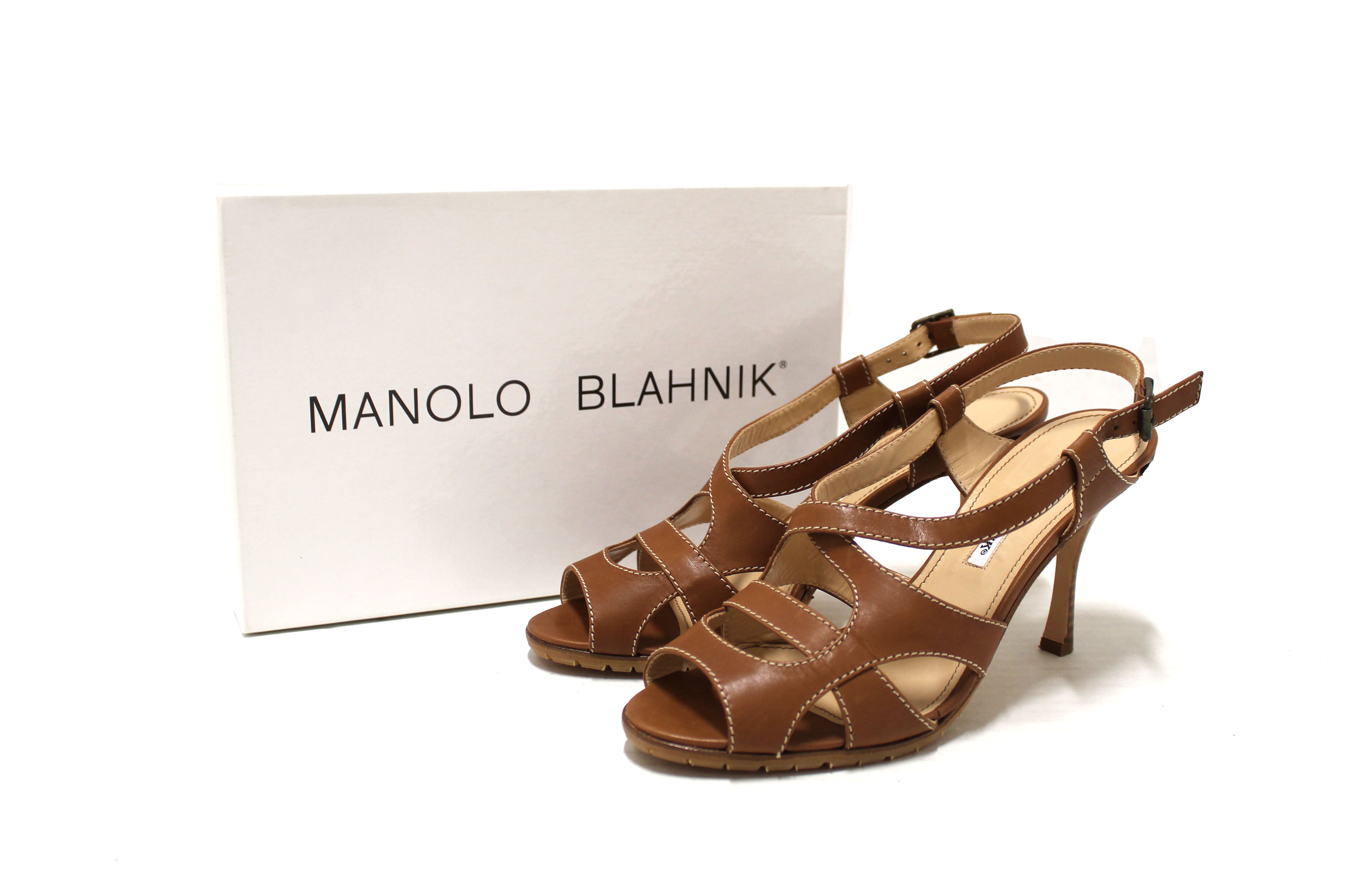 Authentic Manolo Blahnik Brown Leather Slingback Pumps Size 40