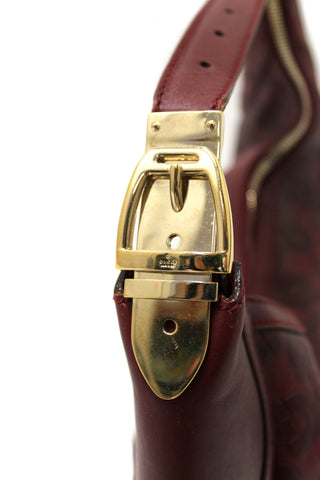 Authentic Gucci Burgundy Leather Horsebit Embossed Buckle Hobo Shoulder Bag 145764