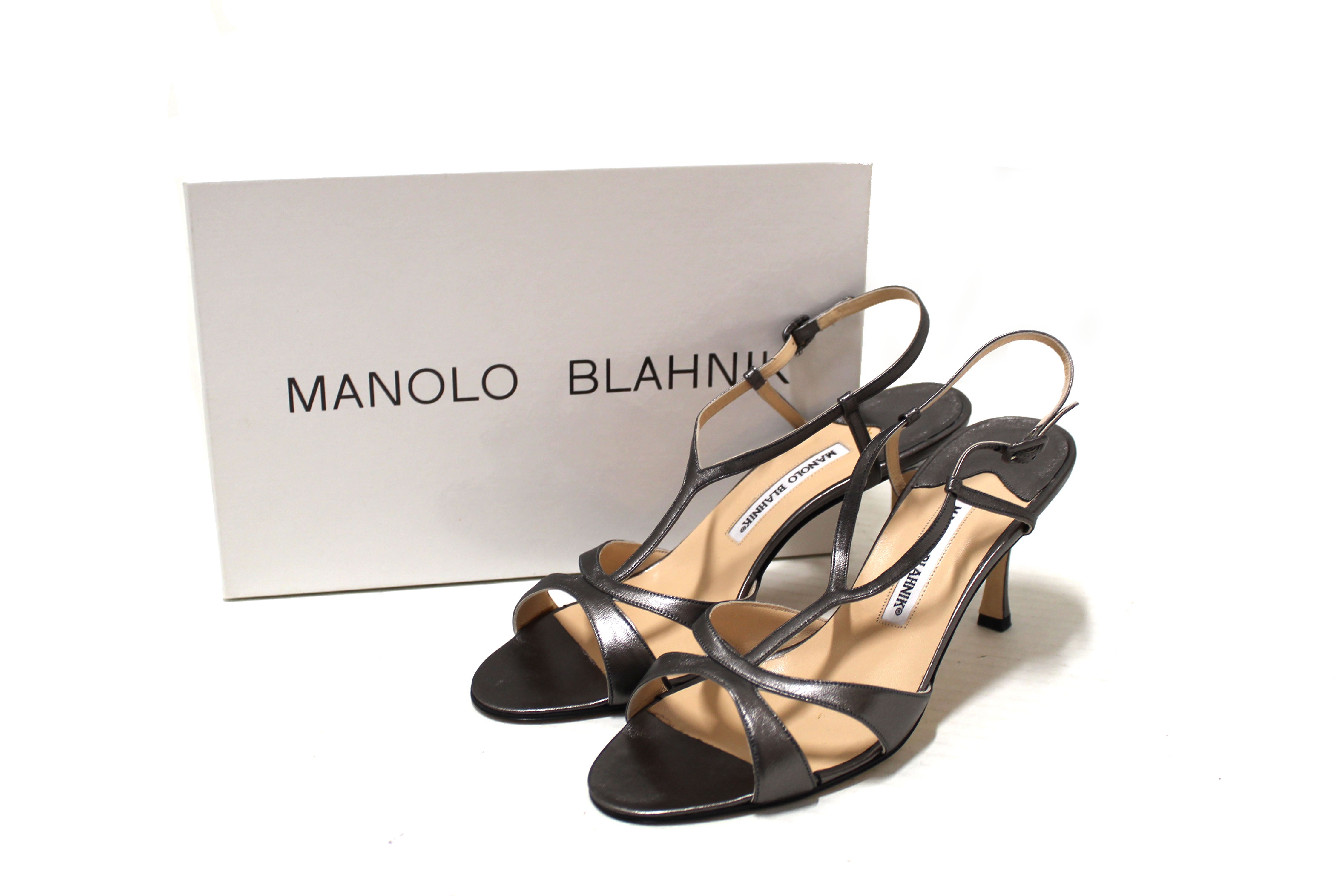 Authentic Manolo Blahnik Silver Leather Antonella Slingback Heels Size 40