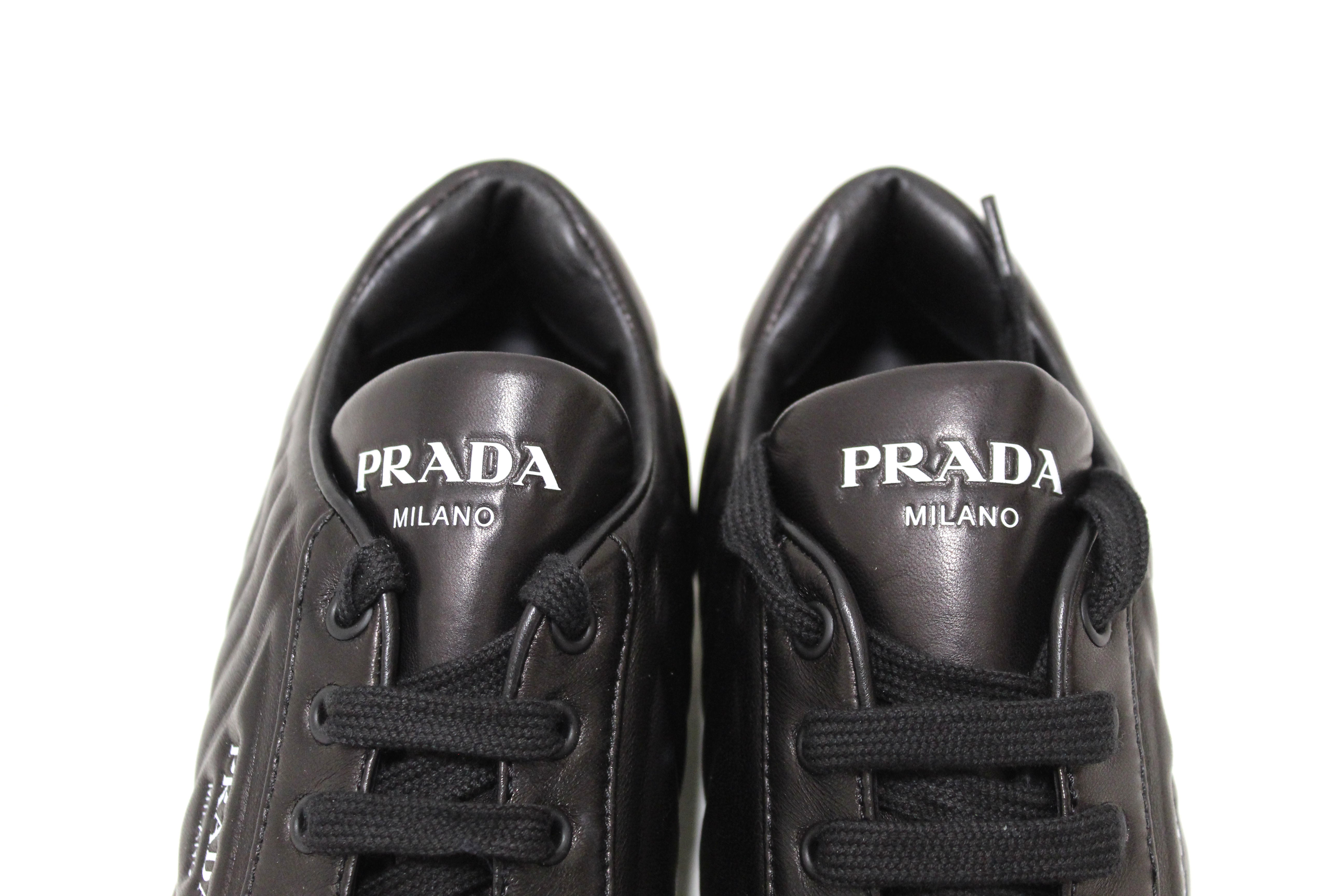 Authentic Prada Black Quilted Low Top Sneakers Shoes Size 40.5