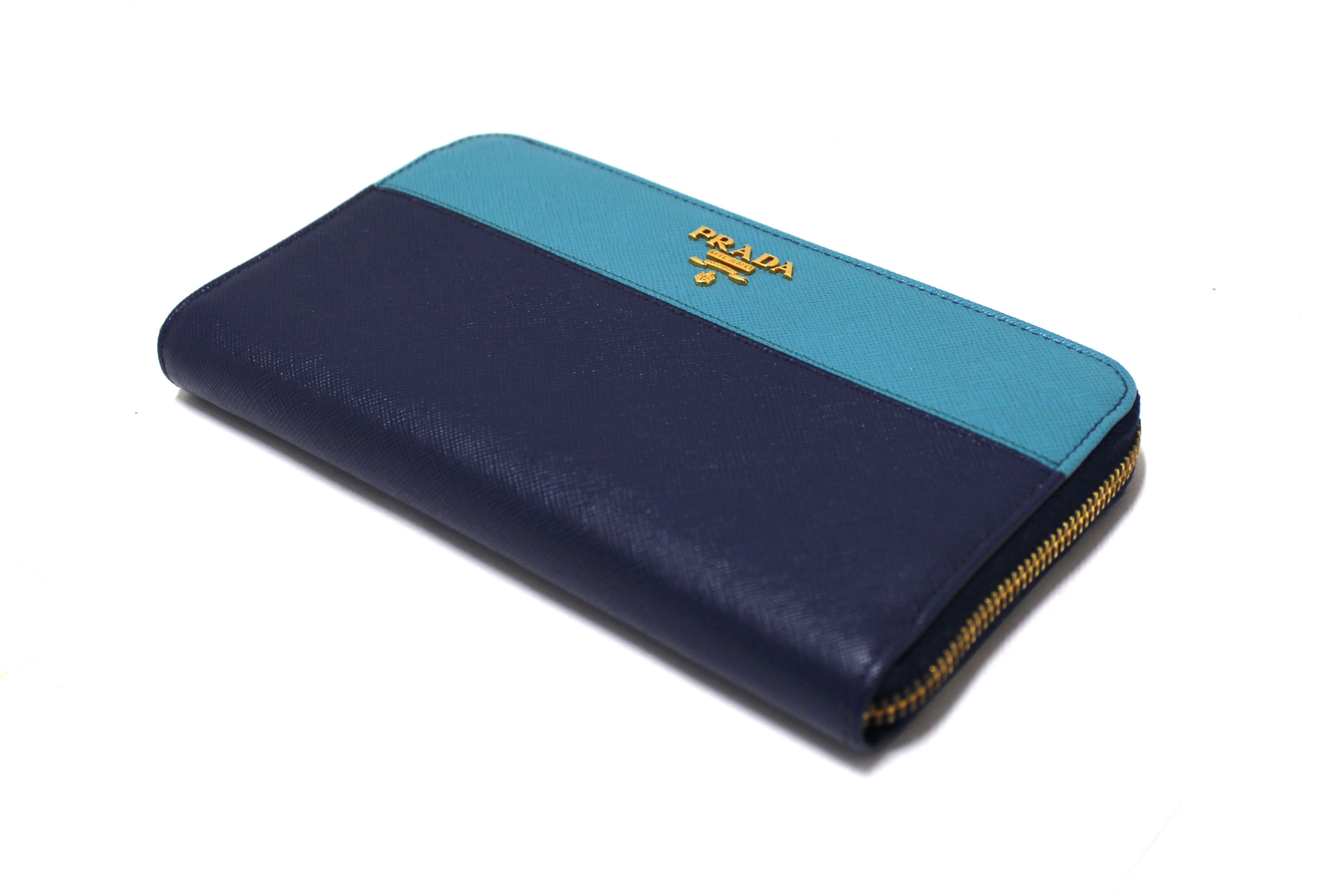 Authentic Prada Navy and Aqua Blue Two-tone Continental Leather Long Wallet