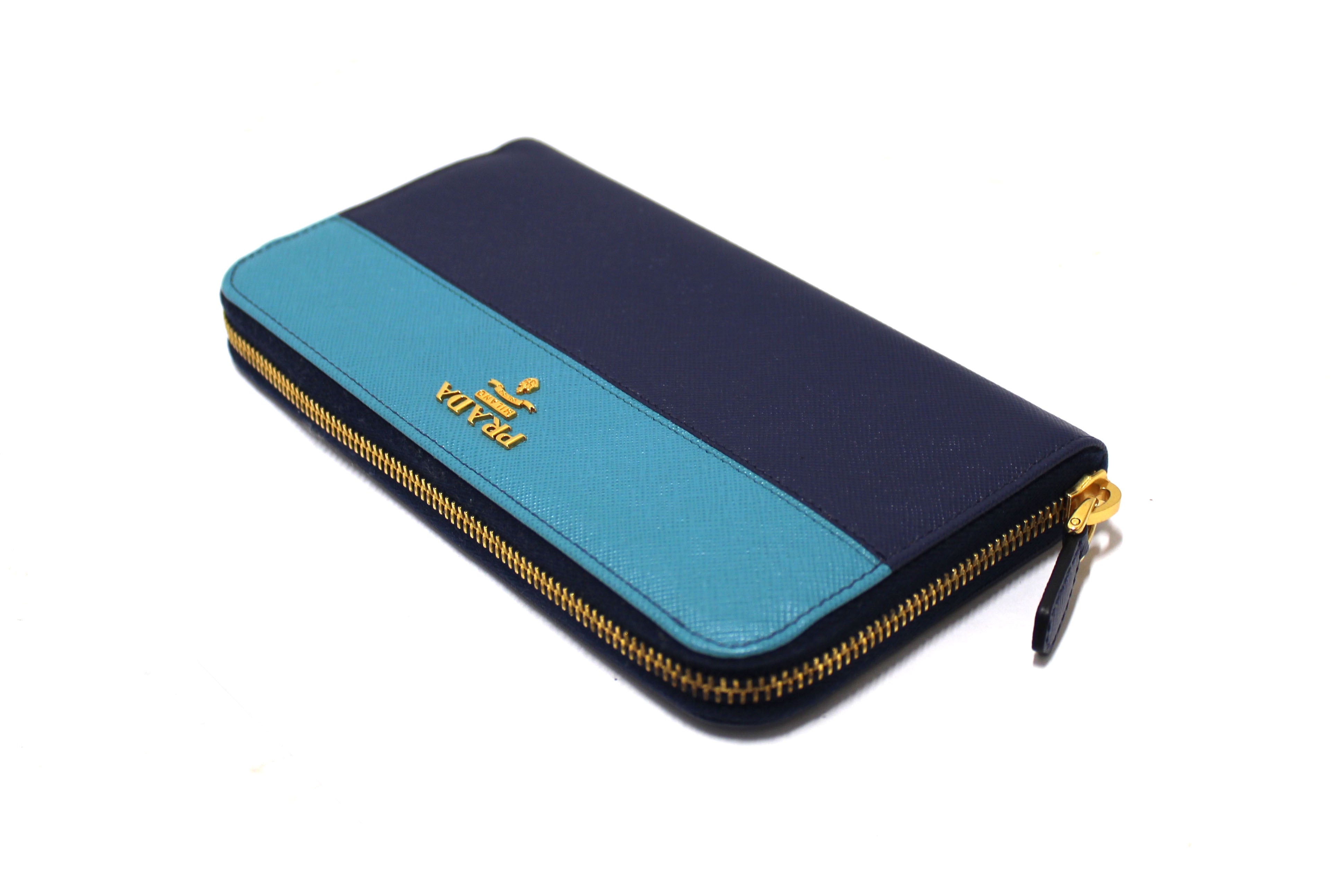 Authentic Prada Navy and Aqua Blue Two-tone Continental Leather Long Wallet