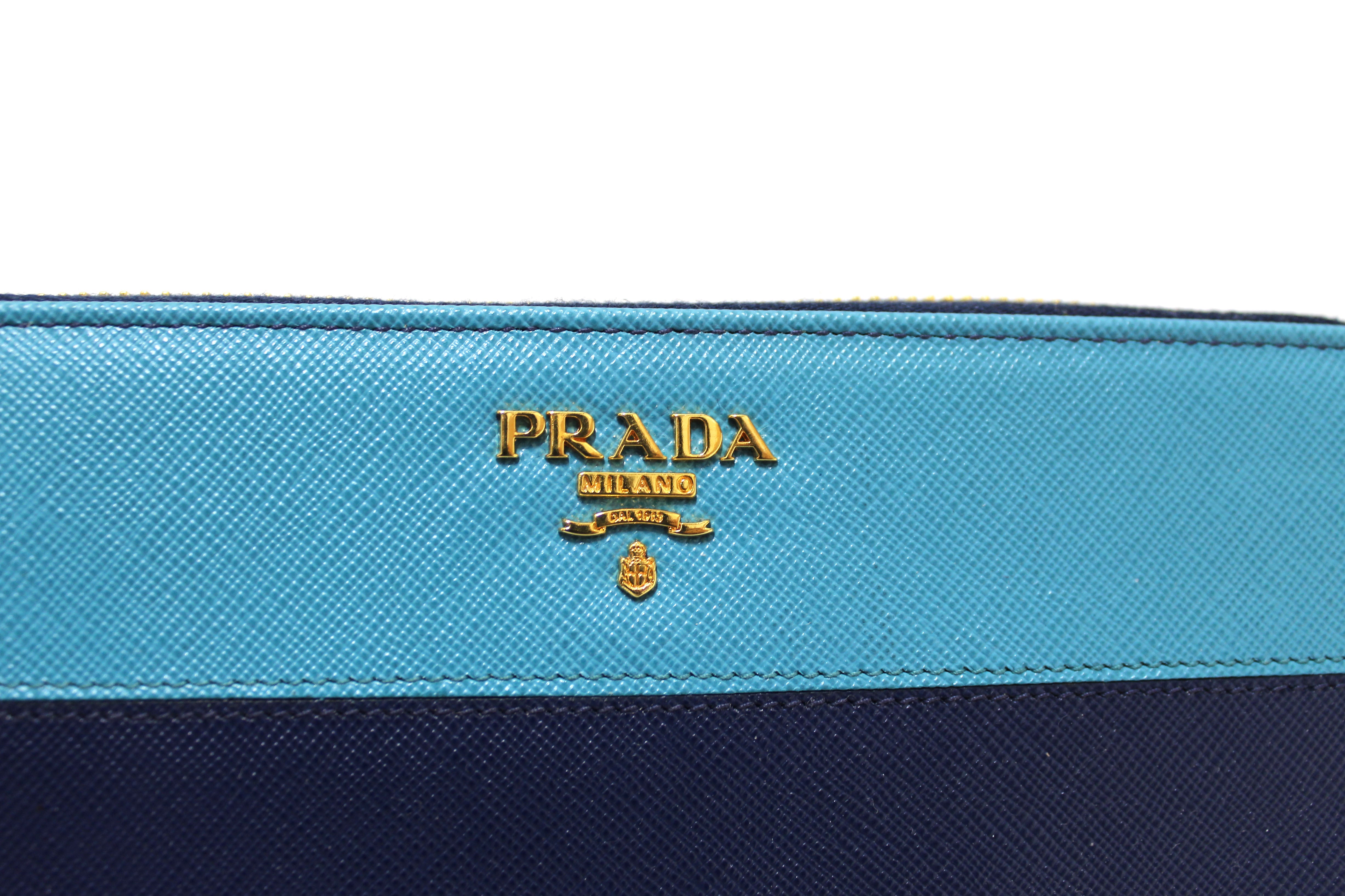 Authentic Prada Navy and Aqua Blue Two-tone Continental Leather Long Wallet