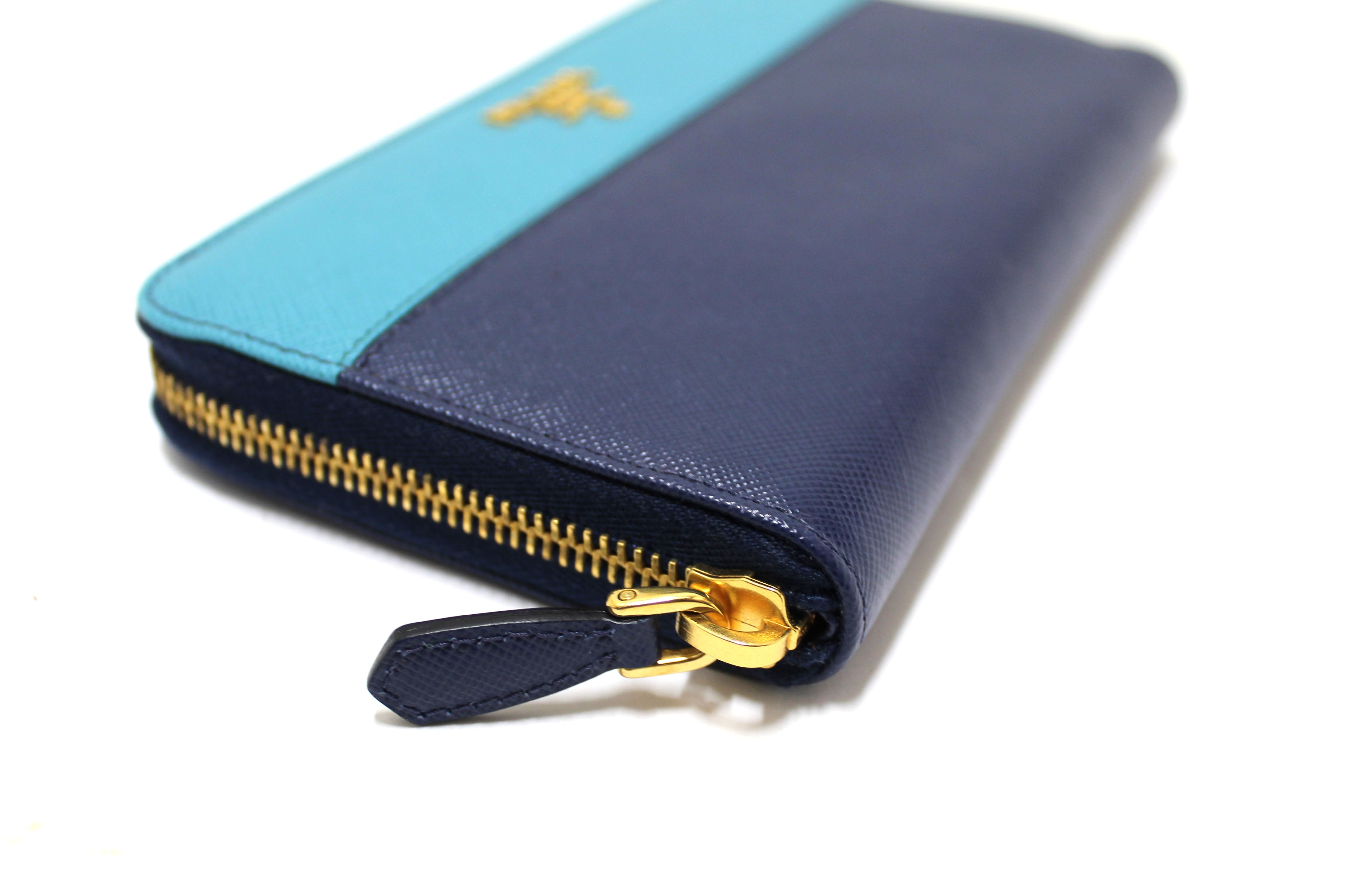 Authentic Prada Navy and Aqua Blue Two-tone Continental Leather Long Wallet