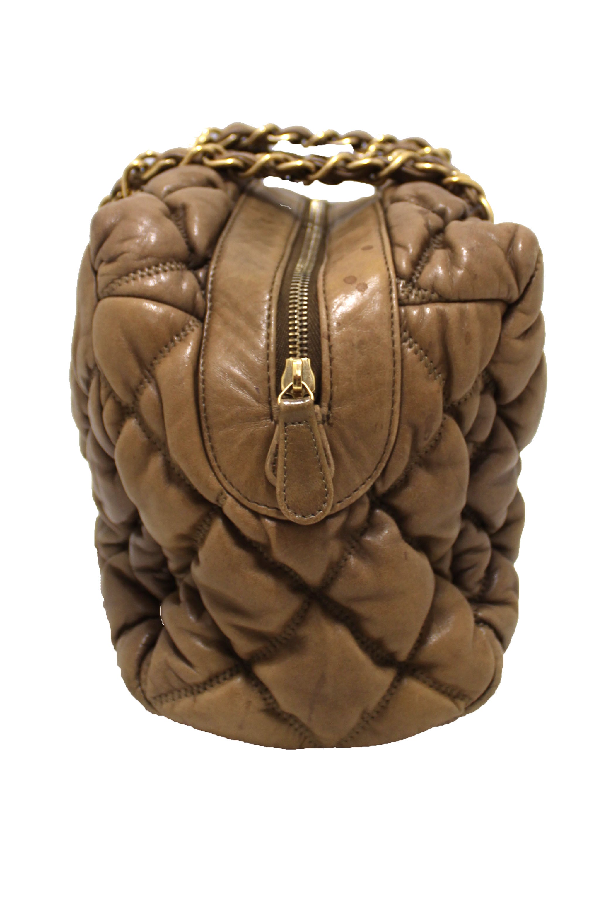 Authentic Chanel Beige Bubble Quilted Lambskin Leather Bowler Bag