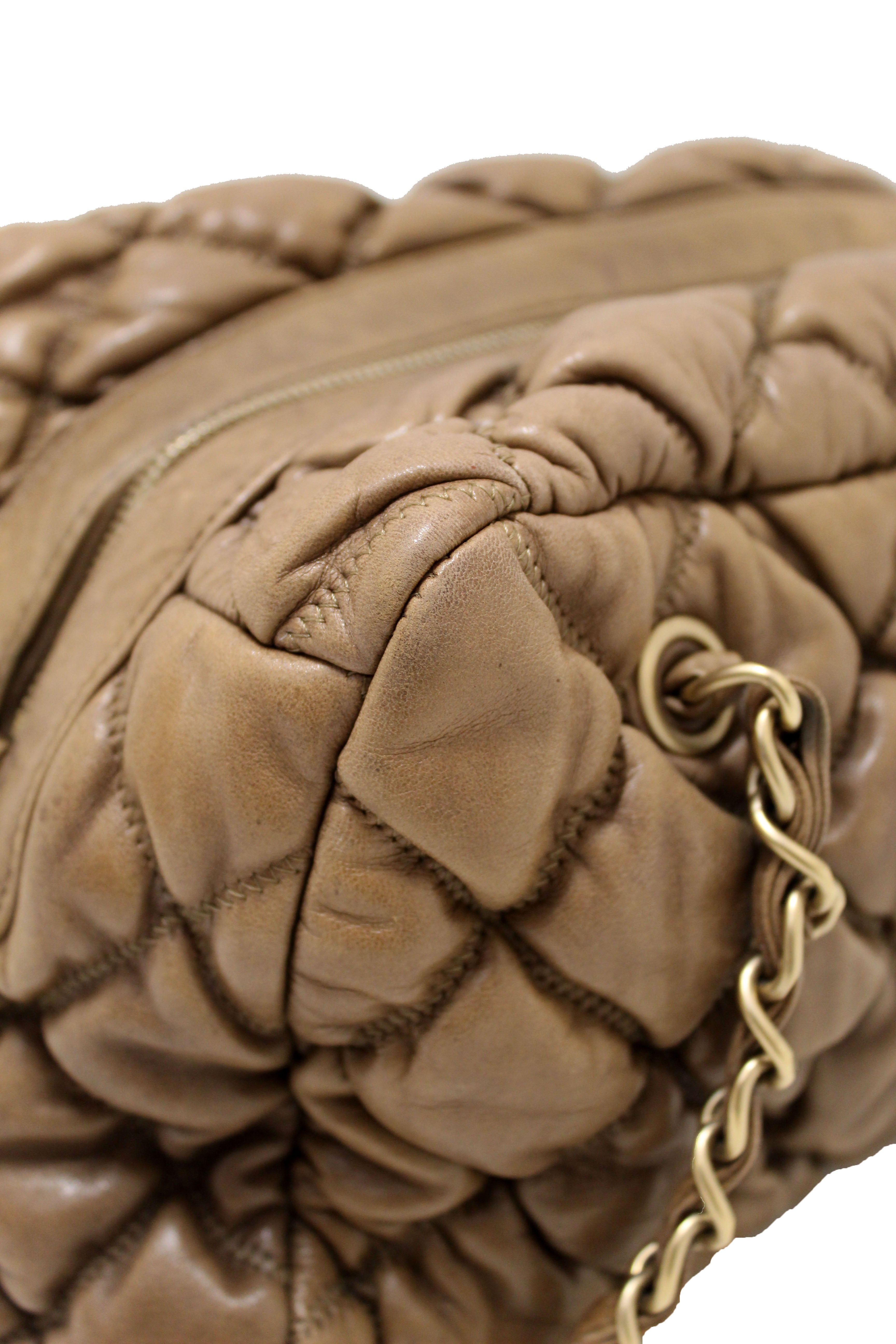 Authentic Chanel Beige Bubble Quilted Lambskin Leather Bowler Bag