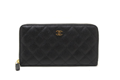 Authentic Chanel Black Caviar Quilted Leather Zippy Long Wallet