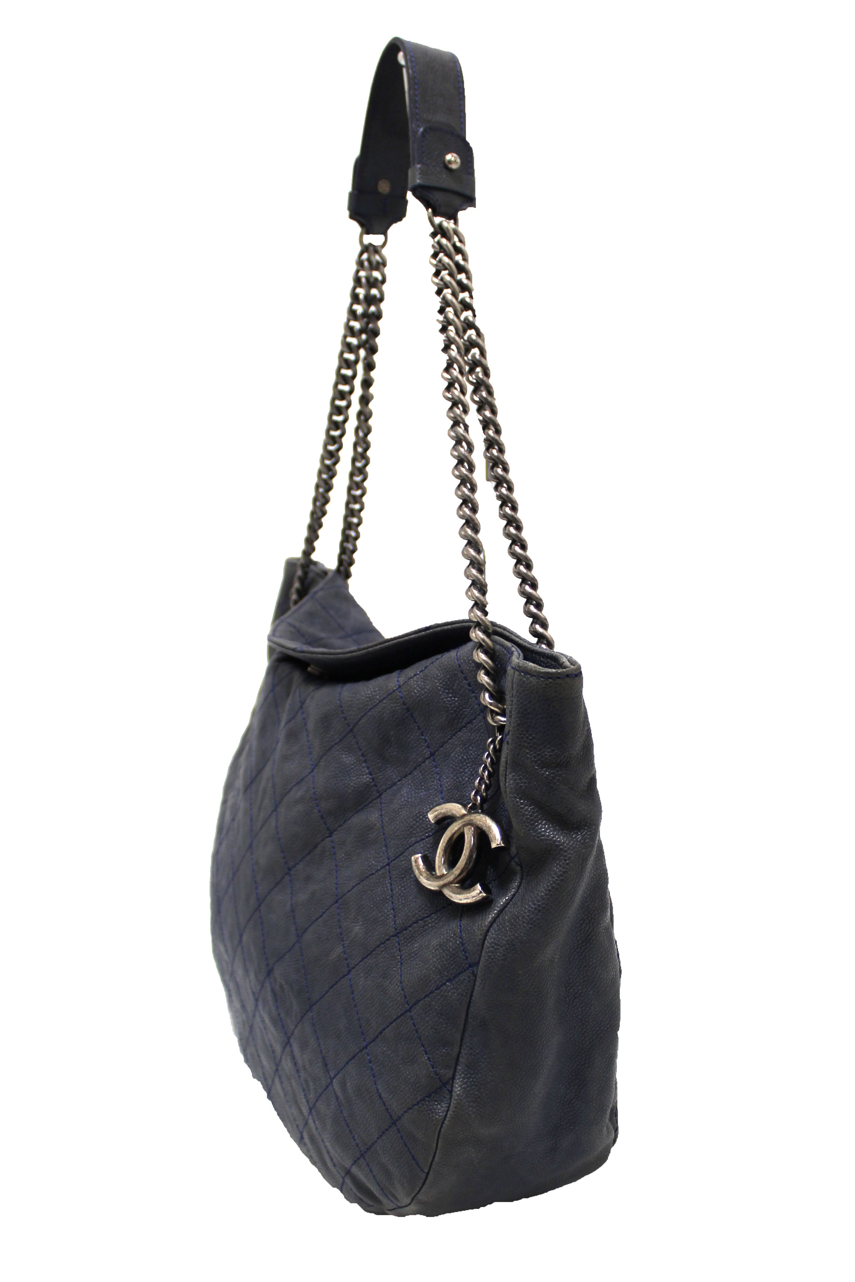 Authentic Chanel Blue Quilted Caviar Leather Hobo Shoulder Bag
