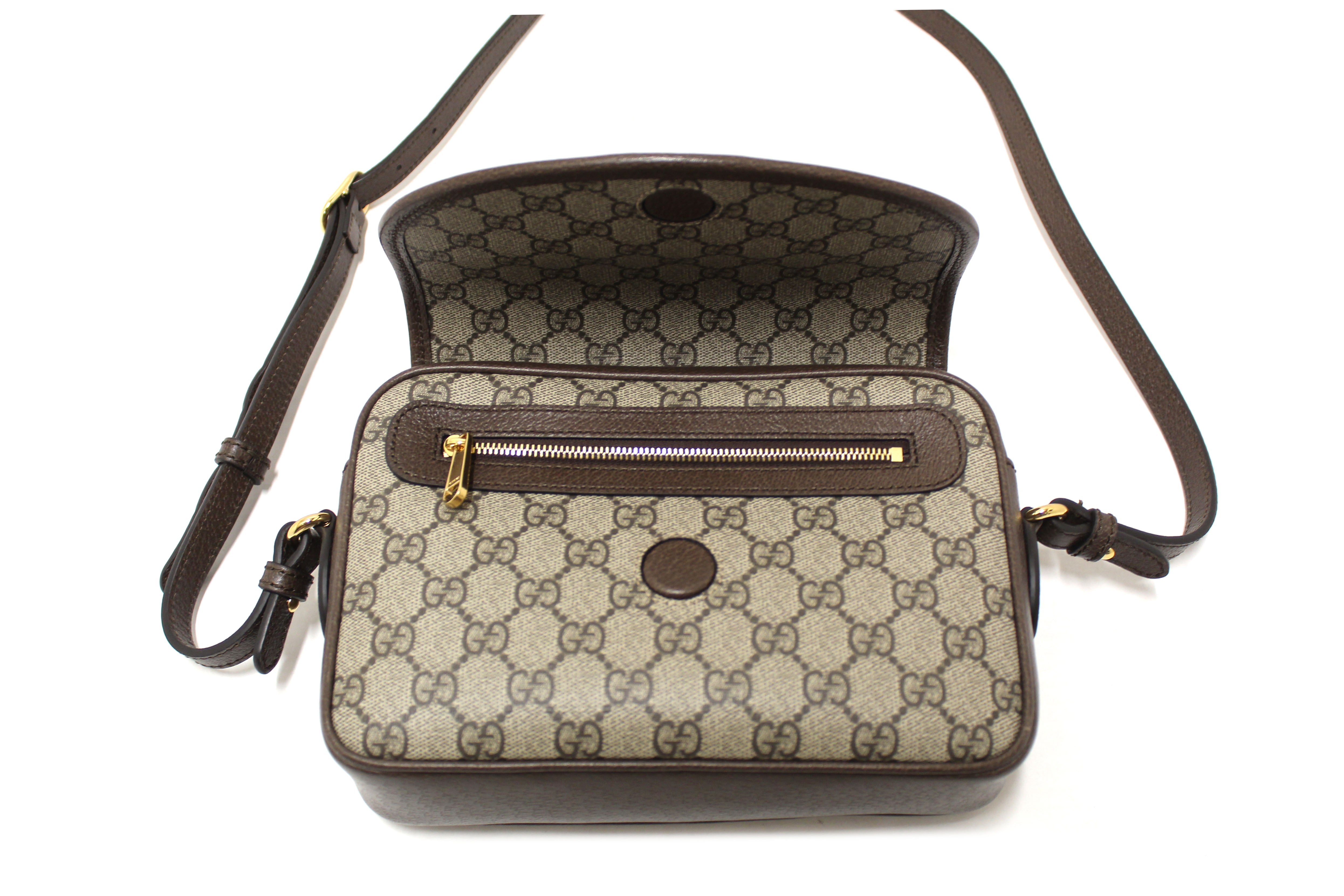 Authentic Gucci Brown GG Supreme Ophidia Small Flap Shoulder Bag 722117
