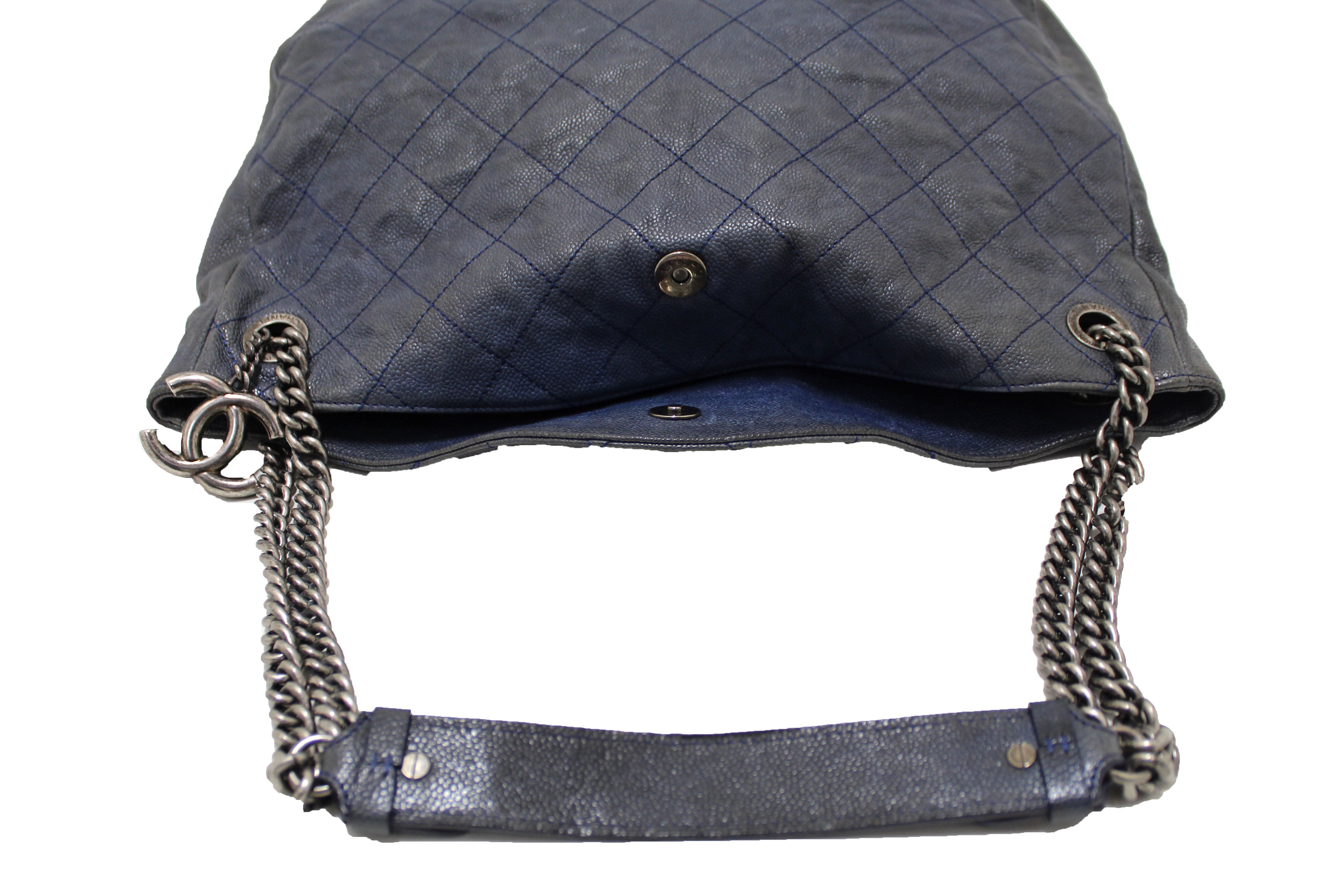 Authentic Chanel Blue Quilted Caviar Leather Hobo Shoulder Bag