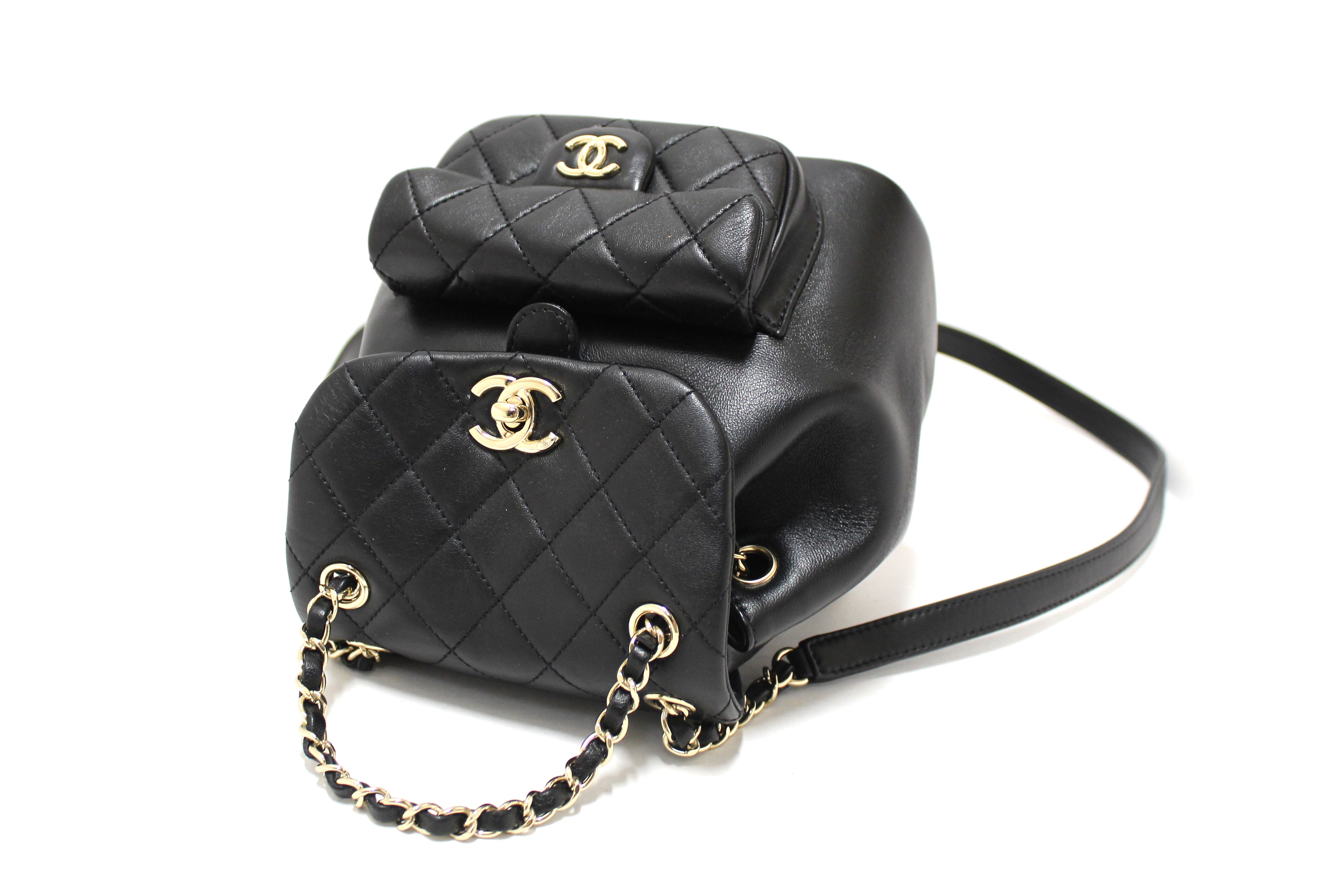 Authentic Chanel Black Lambskin Quilted Leather Small Duma Drawstring Backpack