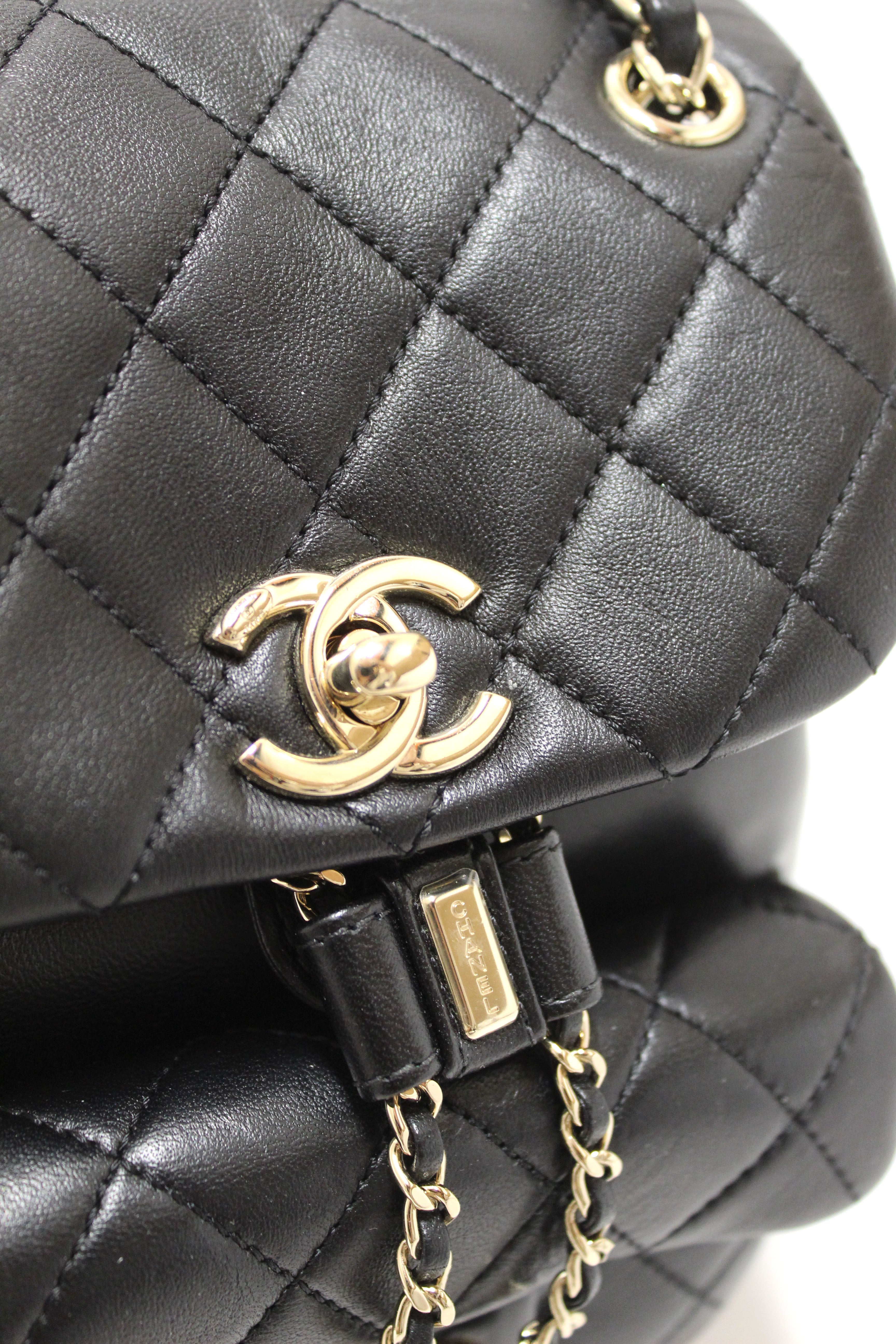 Authentic Chanel Black Lambskin Quilted Leather Small Duma Drawstring Backpack