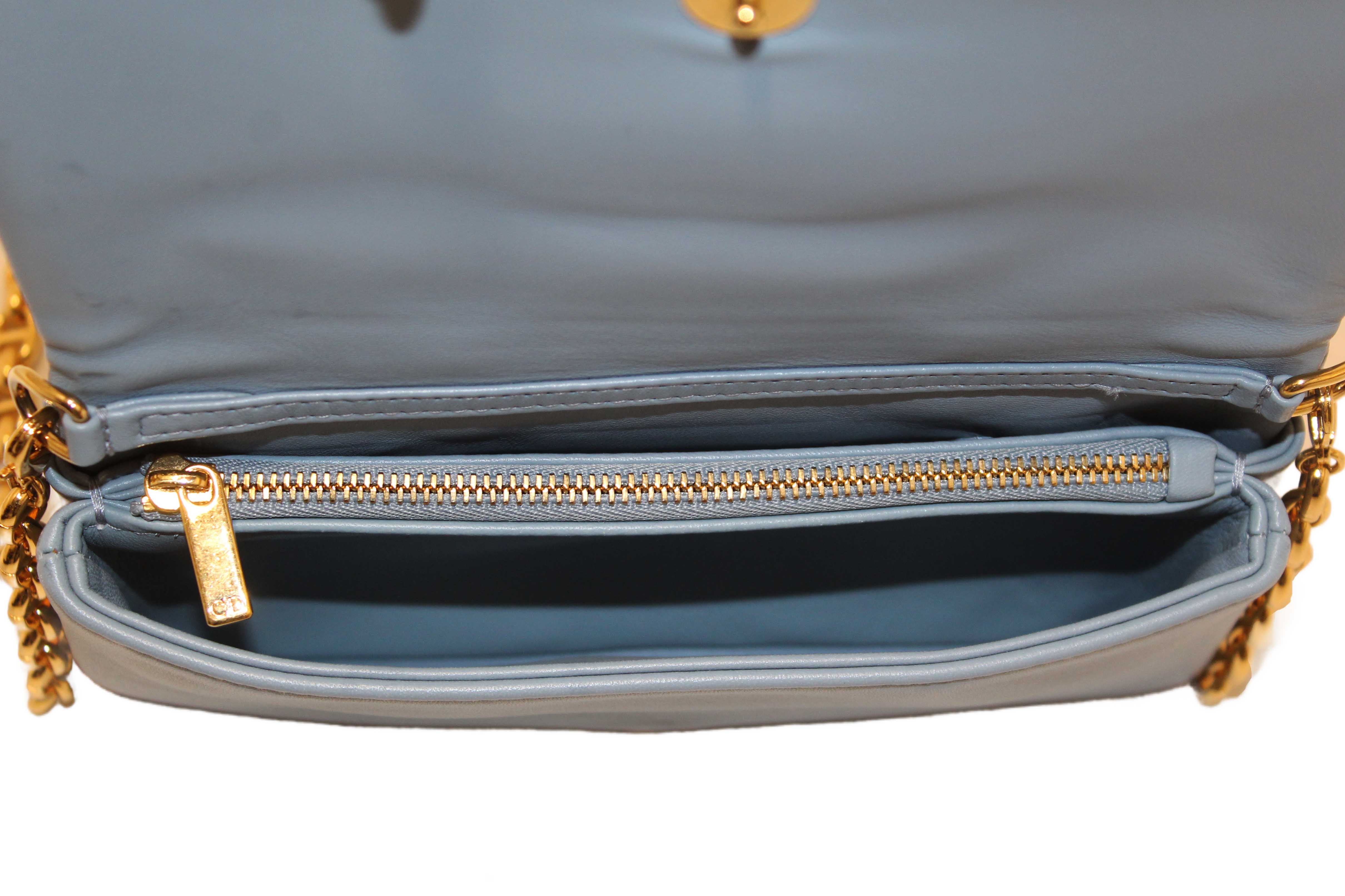 Authentic Christian Dior Blue Padded Macrocannage Quilt Calfskin Leather Caro Mini Bag