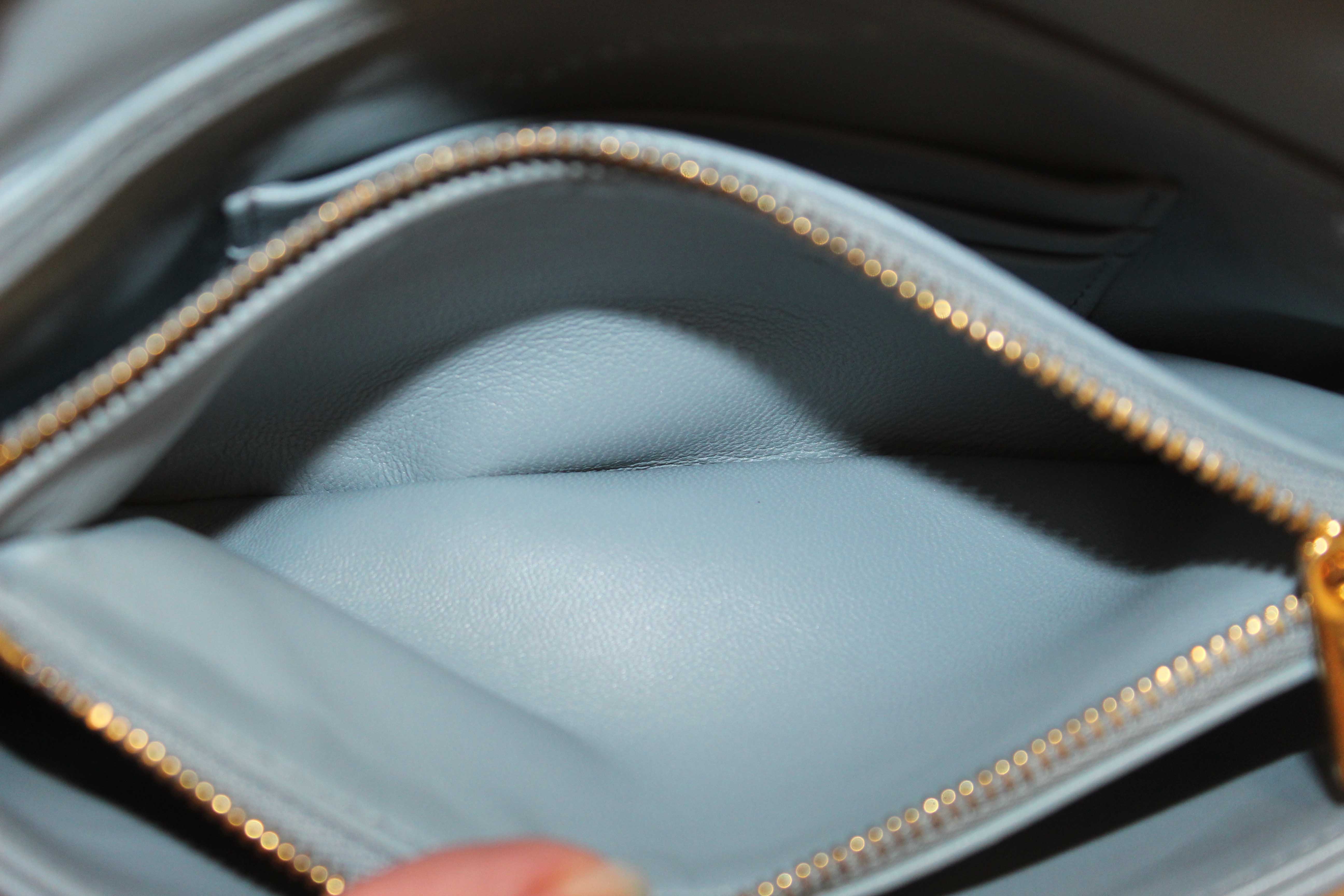 Authentic Christian Dior Blue Padded Macrocannage Quilt Calfskin Leather Caro Mini Bag