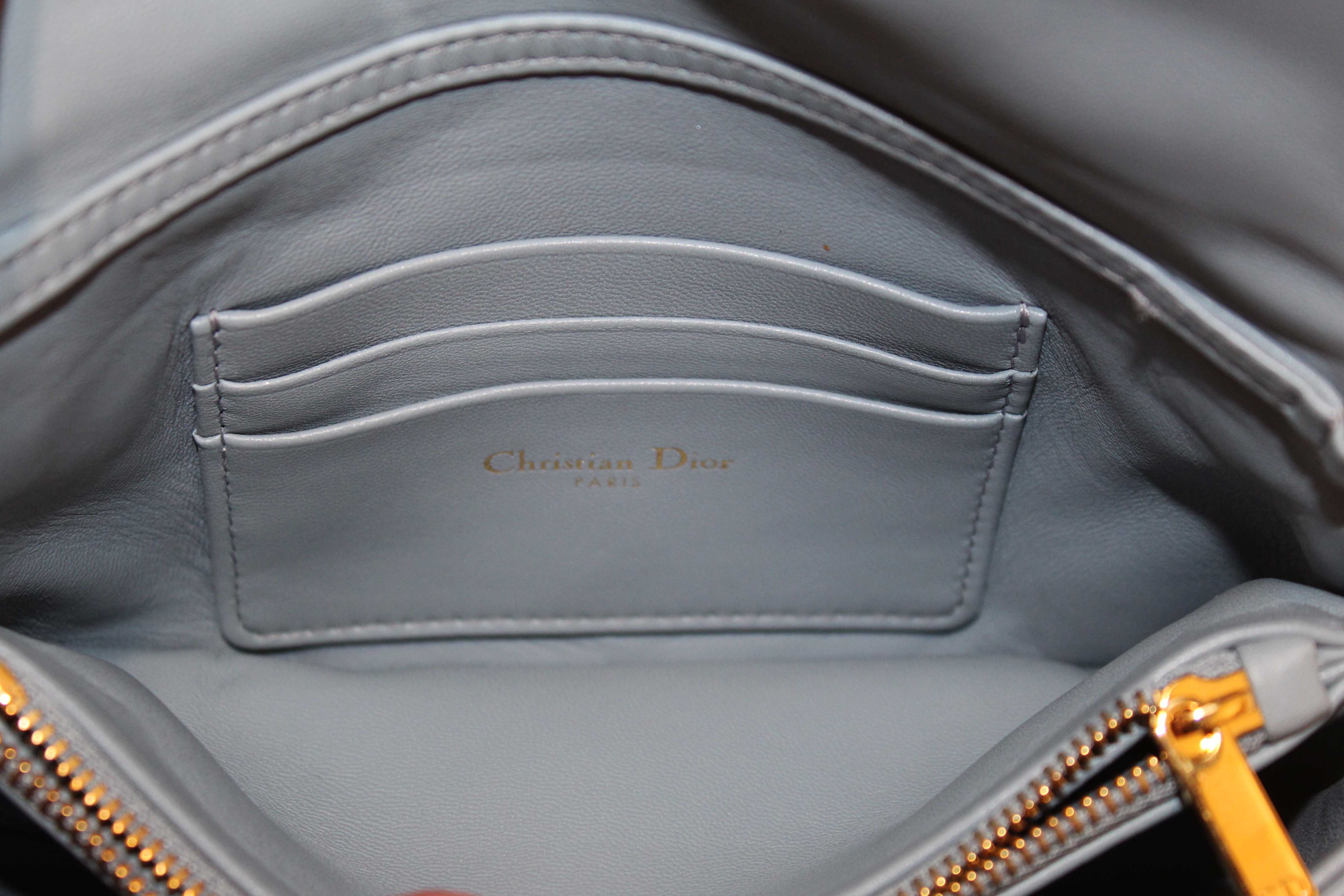 Authentic Christian Dior Blue Padded Macrocannage Quilt Calfskin Leather Caro Mini Bag