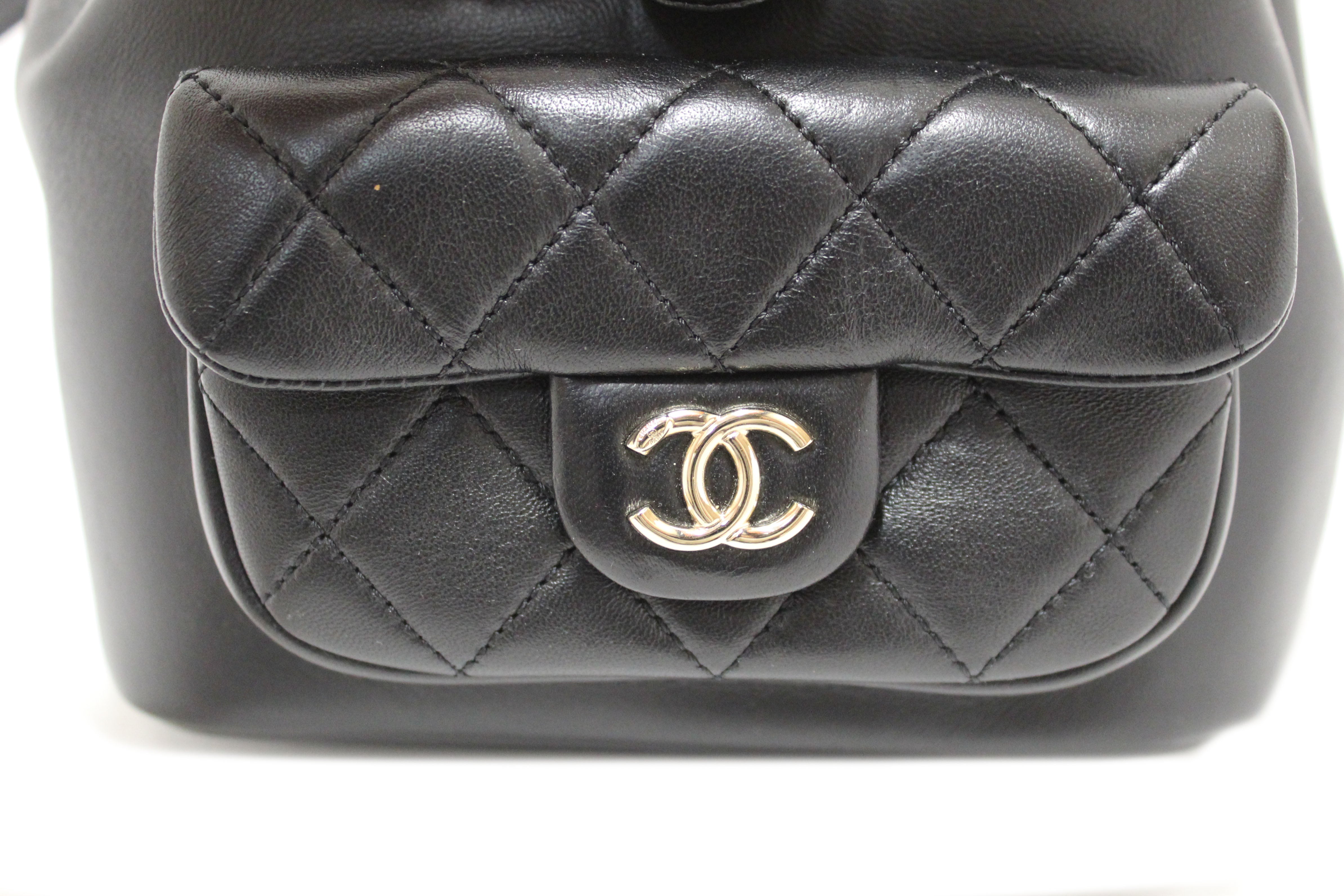 Authentic Chanel Black Lambskin Quilted Leather Small Duma Drawstring Backpack