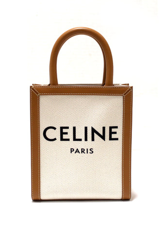 Authentic Celine Beige Canvas with Brown Calfskin Logo Print Mini Vertical Cabas
