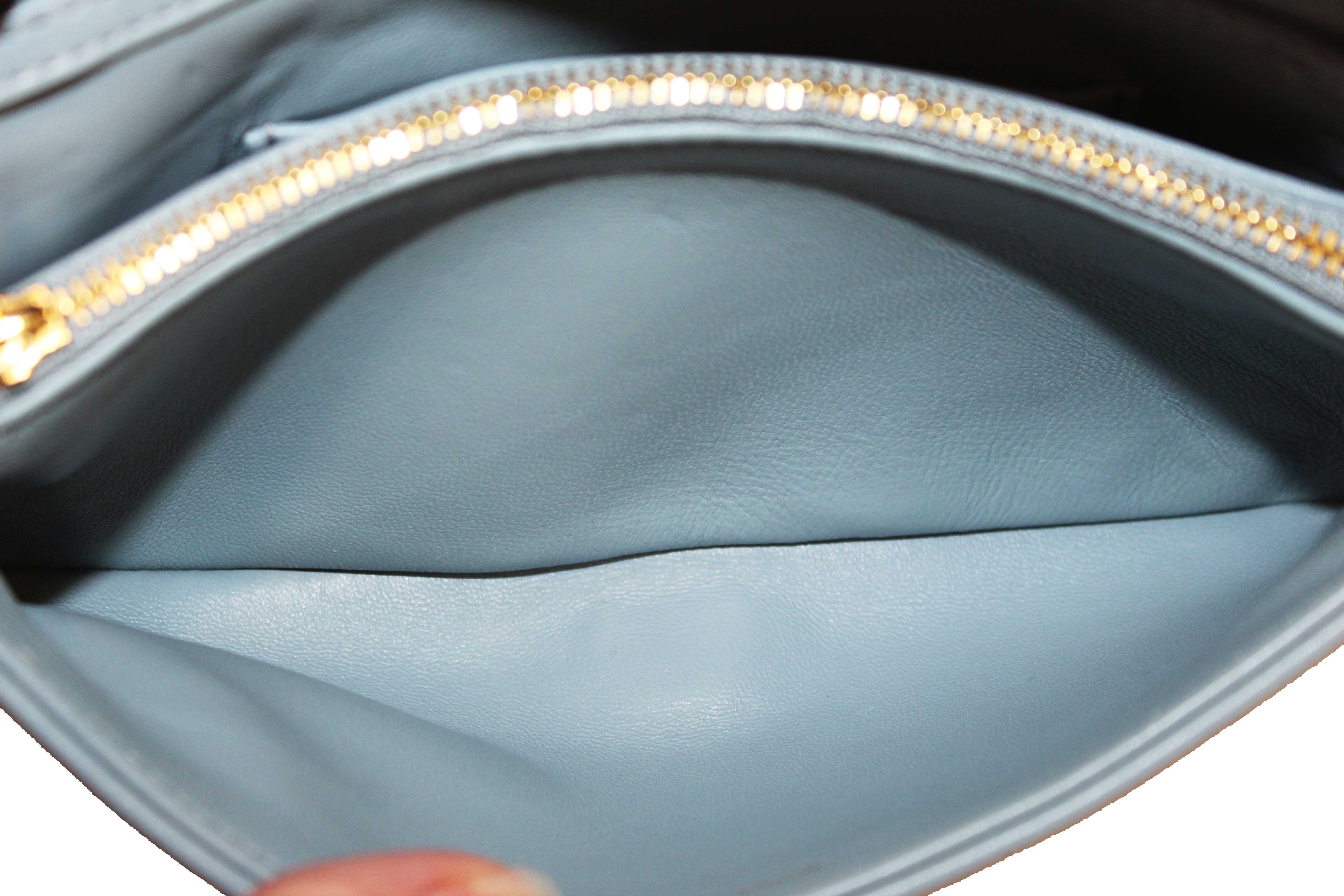 Authentic Christian Dior Blue Padded Macrocannage Quilt Calfskin Leather Caro Mini Bag