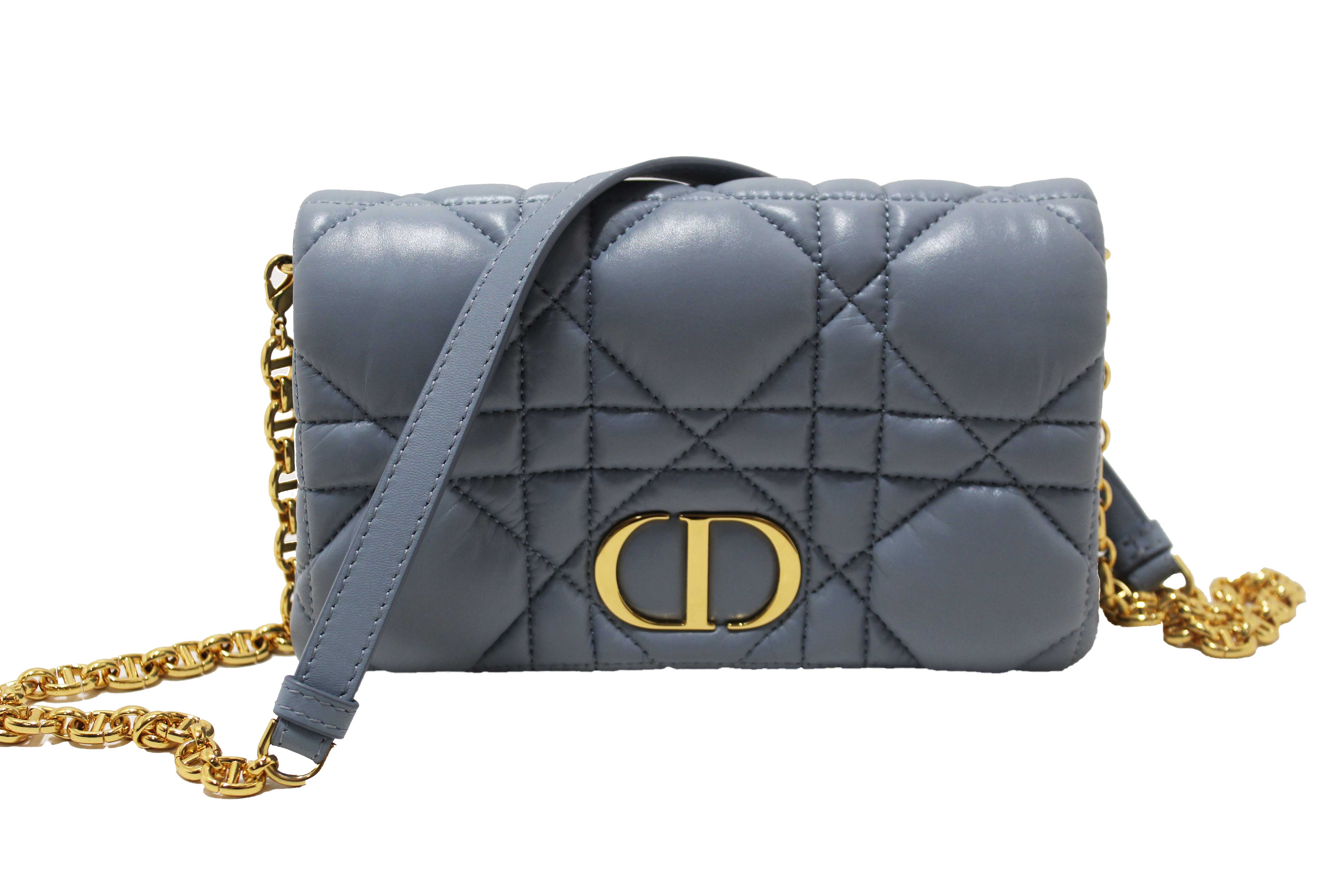 Authentic Christian Dior Blue Padded Macrocannage Quilt Calfskin Leather Caro Mini Bag