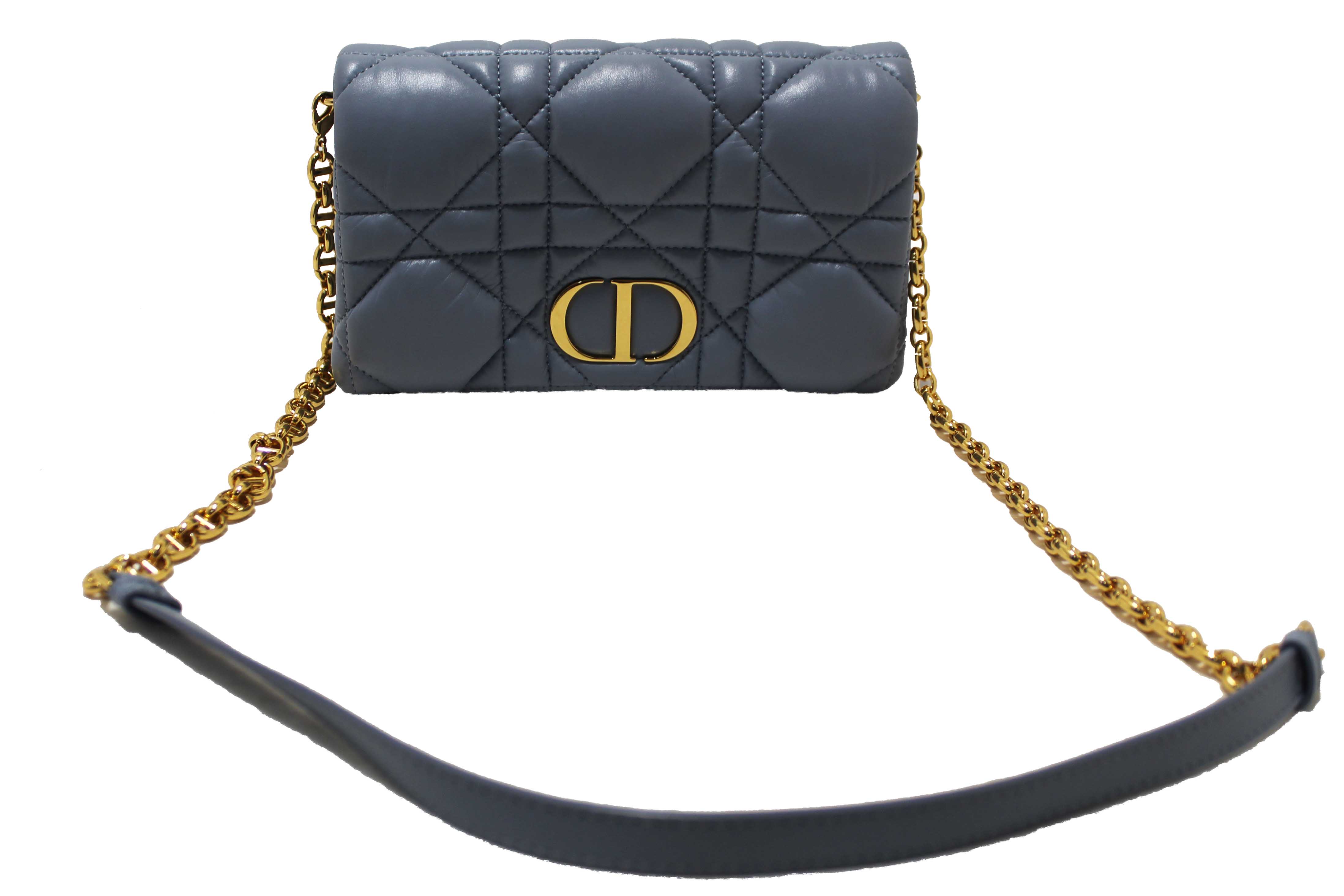 Authentic Christian Dior Blue Padded Macrocannage Quilt Calfskin Leather Caro Mini Bag