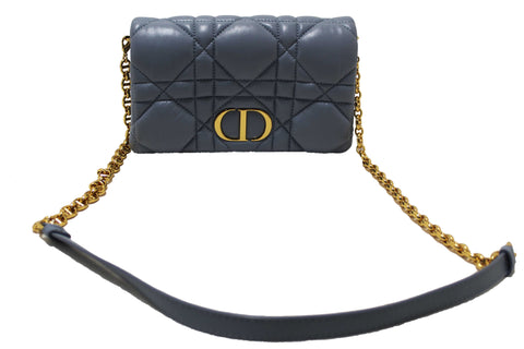 Authentic Christian Dior Blue Padded Macrocannage Quilt Calfskin Leather Caro Mini Bag