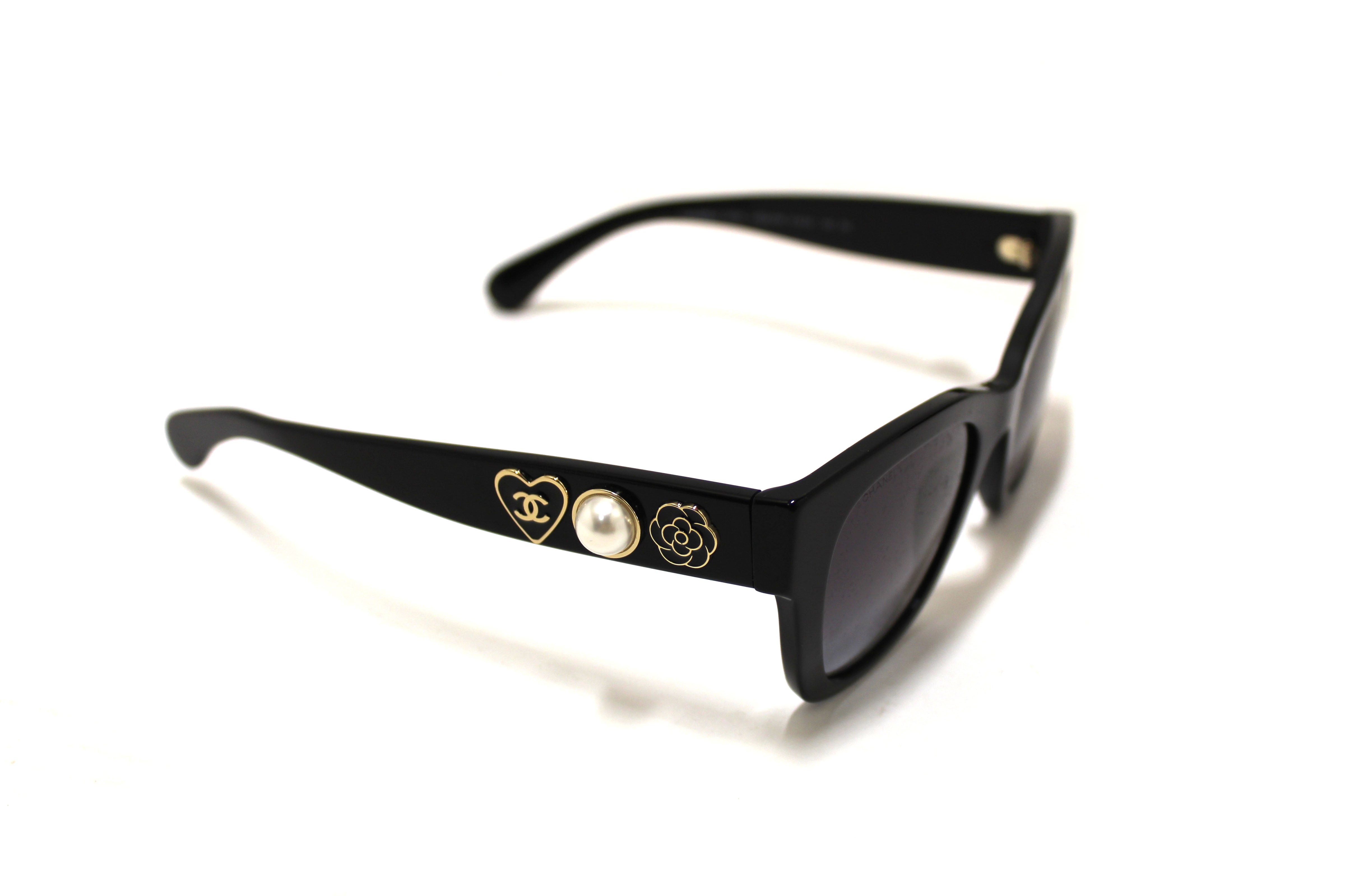 Authentic Chanel Black Polarized Charms Pearl Square Sunglasses 5479A