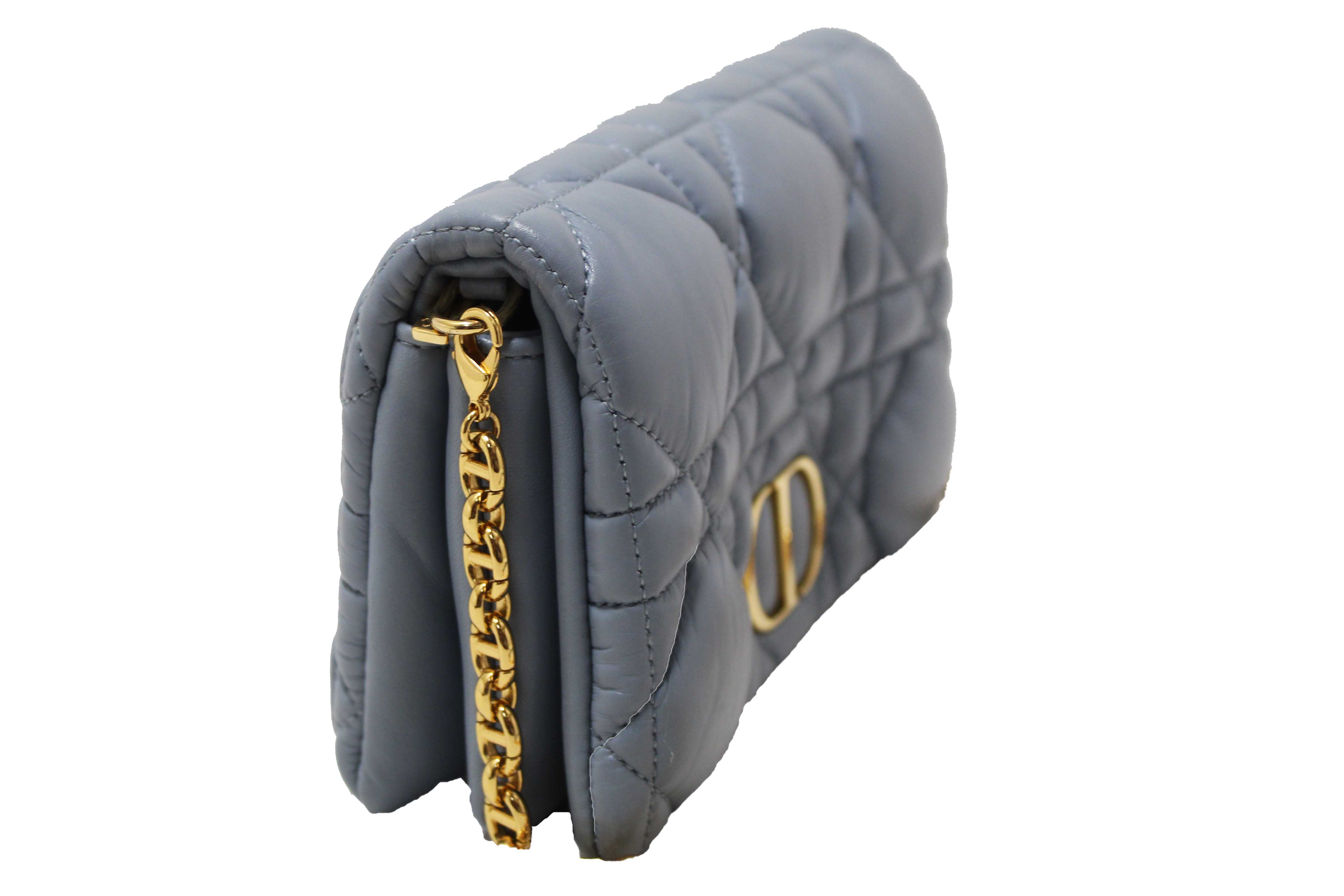 Authentic Christian Dior Blue Padded Macrocannage Quilt Calfskin Leather Caro Mini Bag