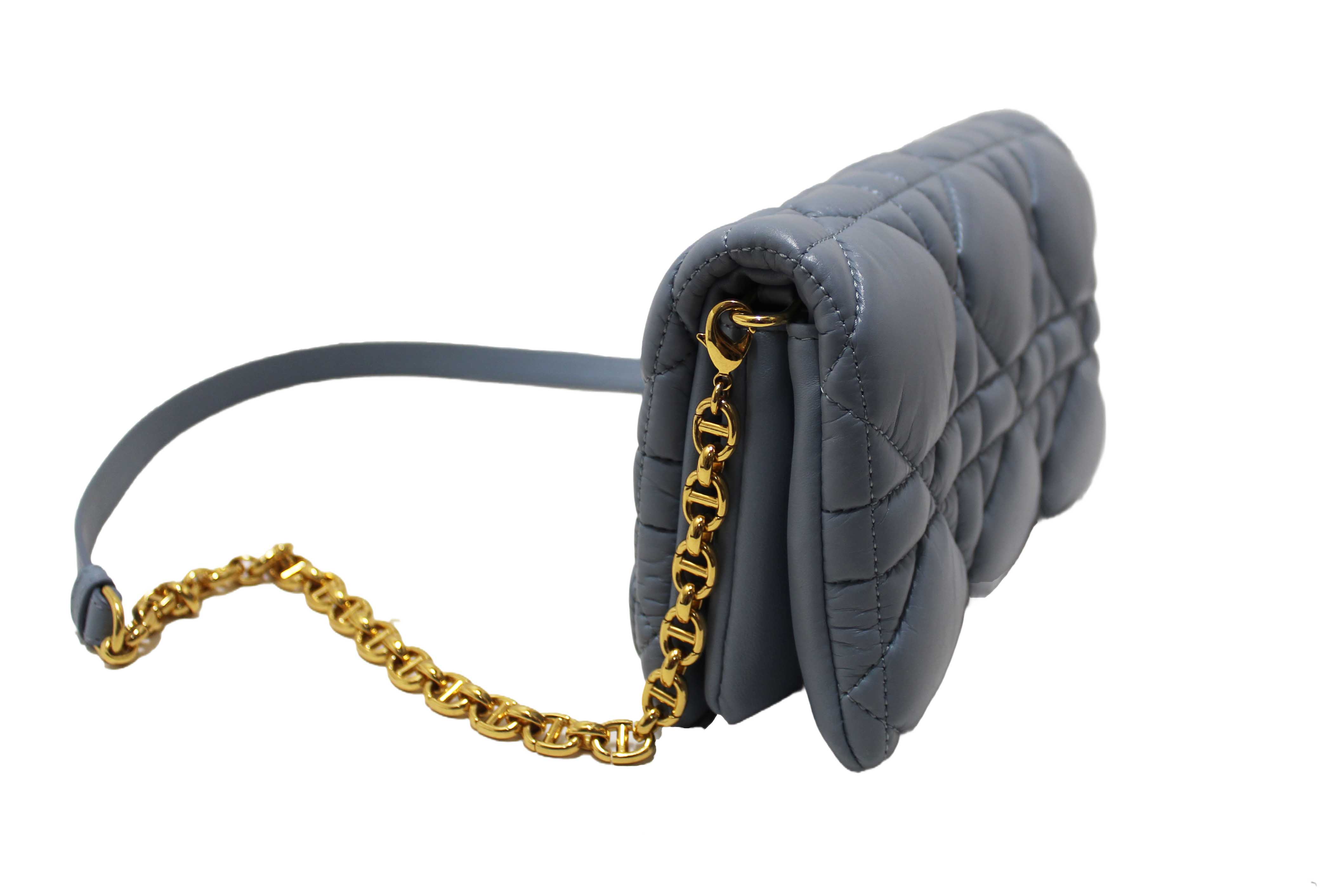 Authentic Christian Dior Blue Padded Macrocannage Quilt Calfskin Leather Caro Mini Bag