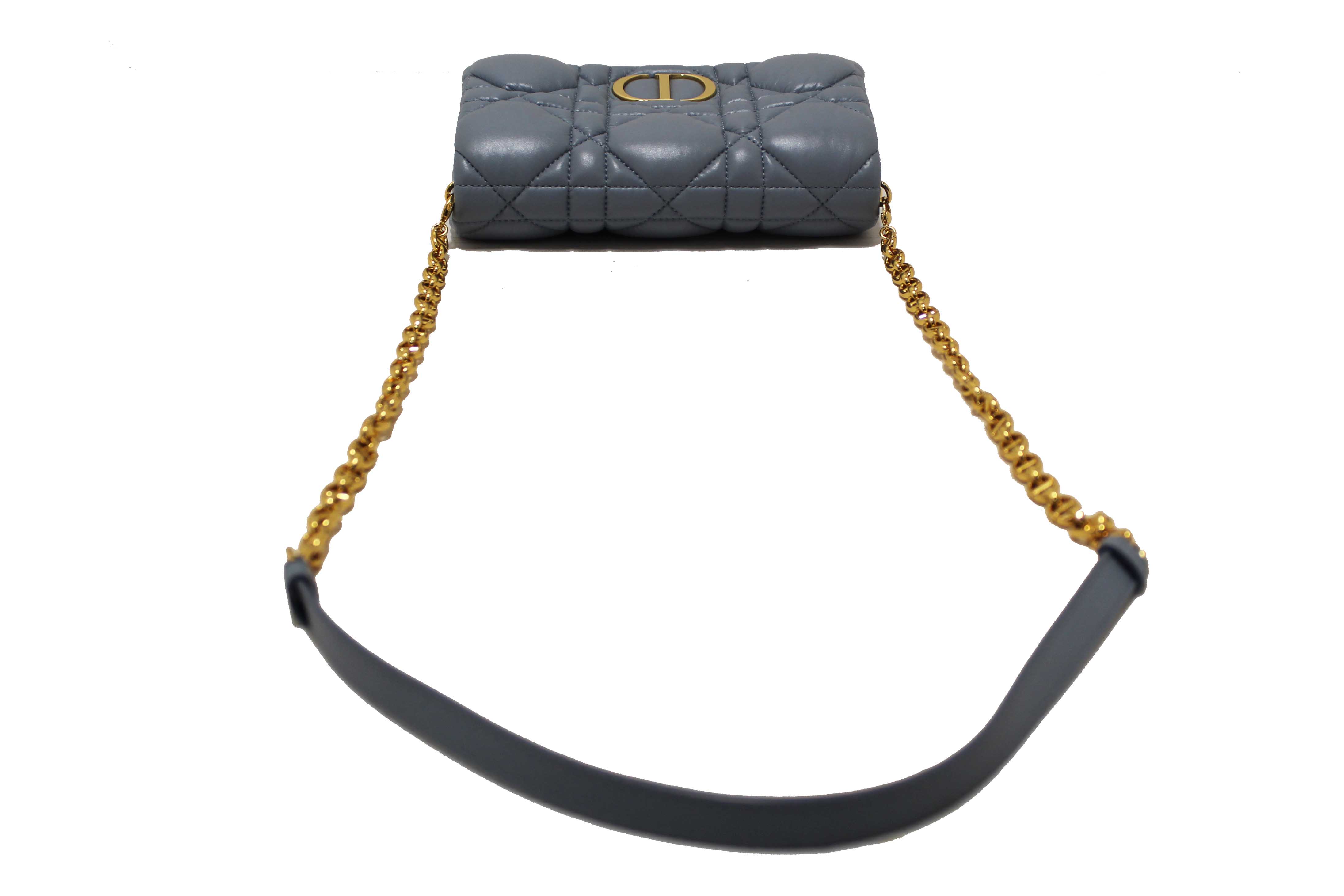 Authentic Christian Dior Blue Padded Macrocannage Quilt Calfskin Leather Caro Mini Bag