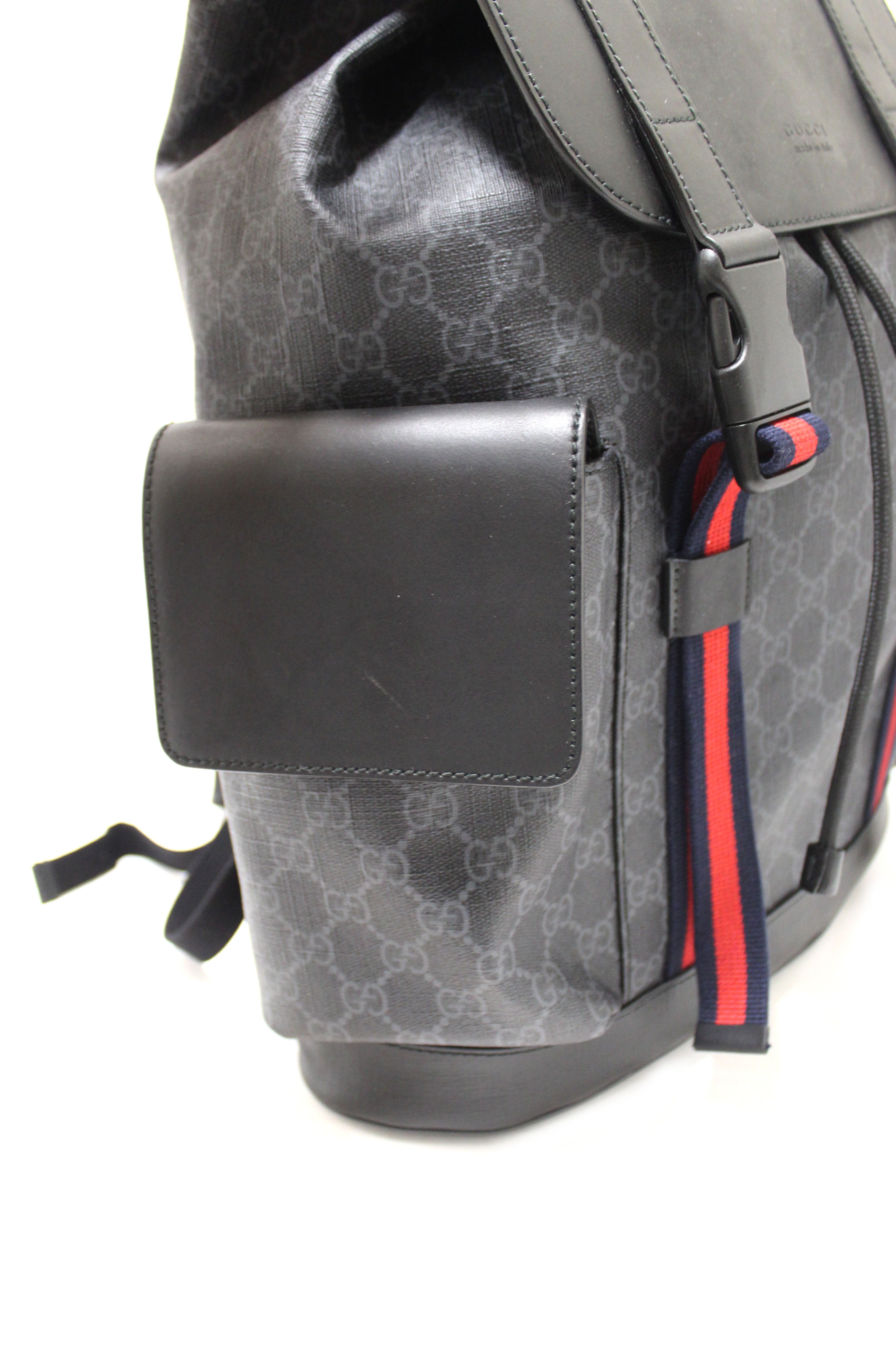 Authentic Gucci Black GG Supreme Canvas with Black Leather Backpack 495563