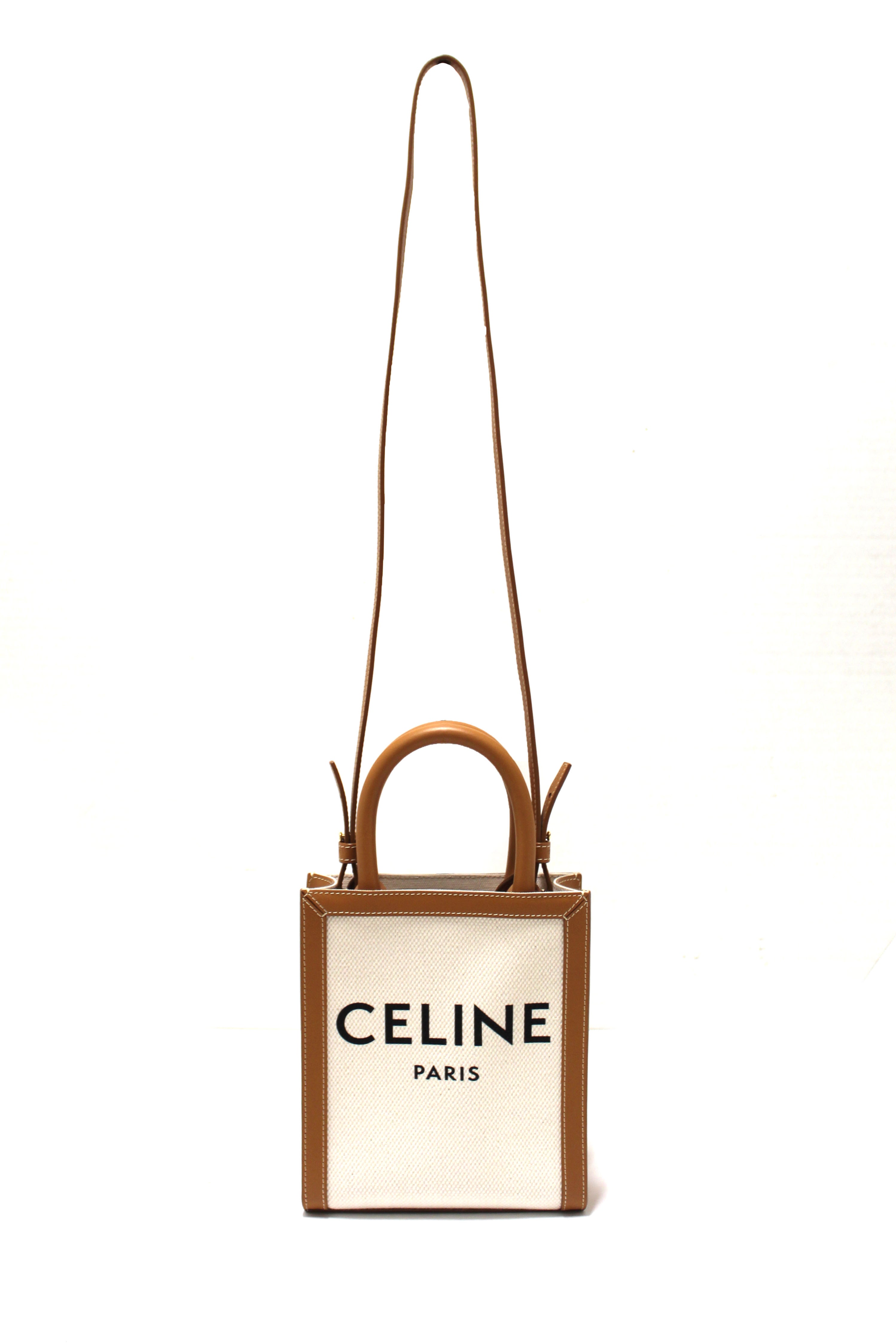 Authentic Celine Beige Canvas with Brown Calfskin Logo Print Mini Vertical Cabas