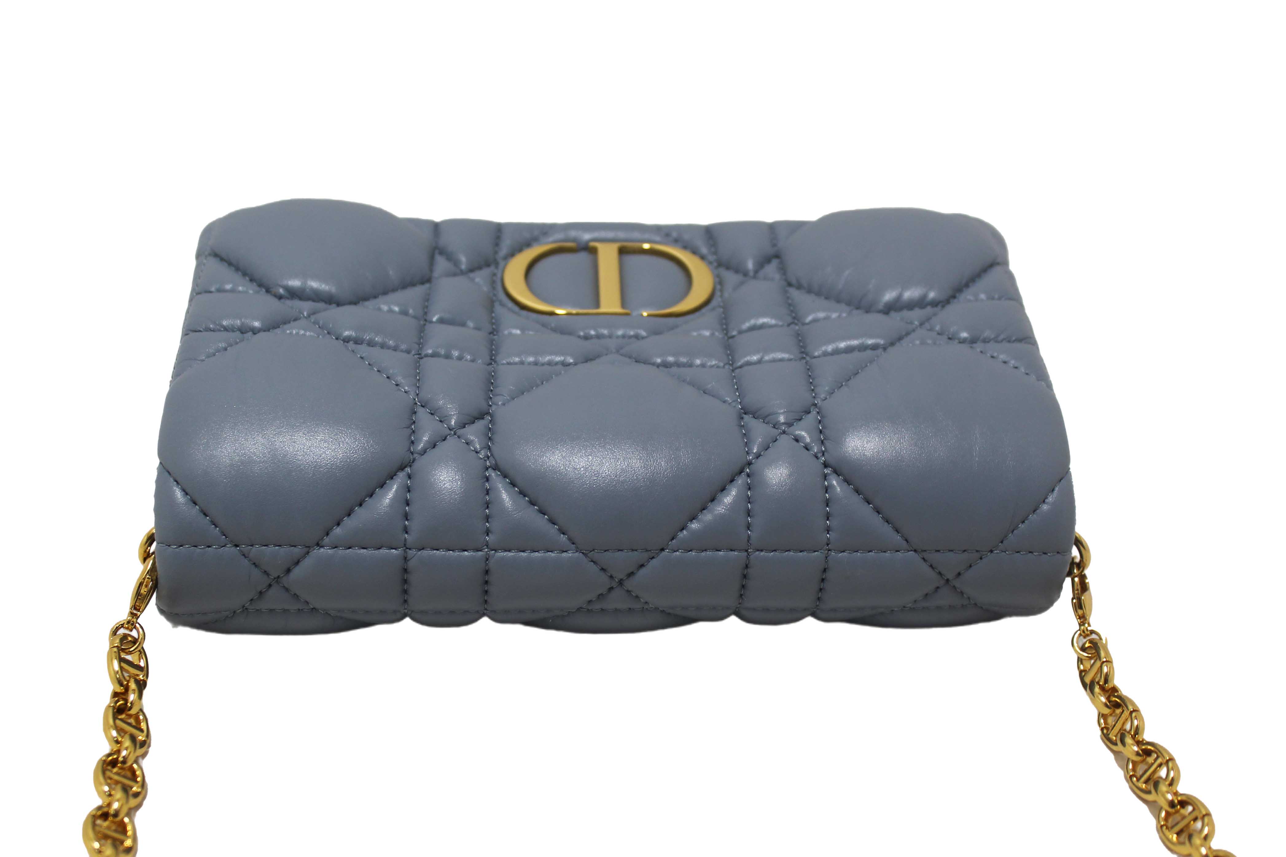 Authentic Christian Dior Blue Padded Macrocannage Quilt Calfskin Leather Caro Mini Bag