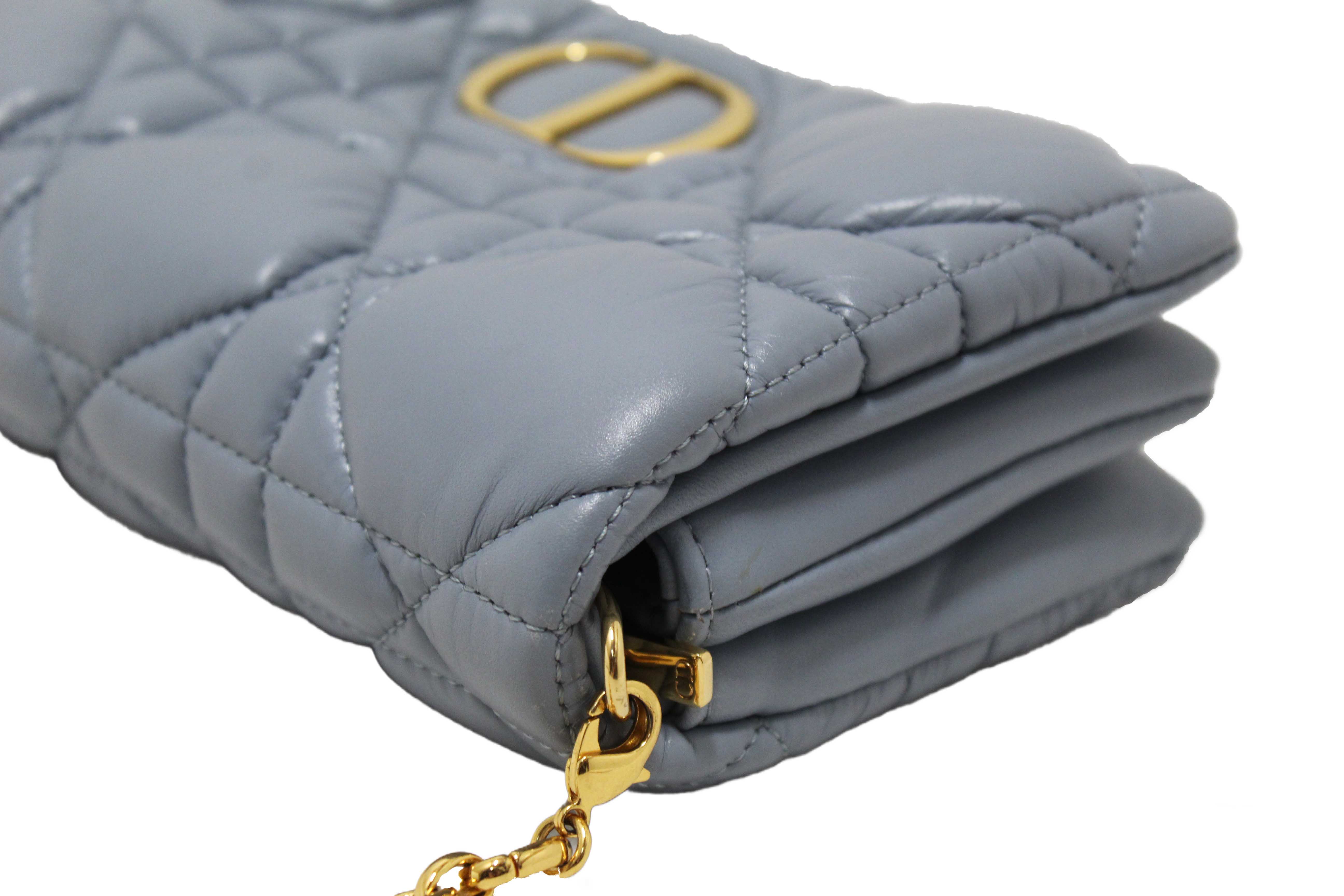 Authentic Christian Dior Blue Padded Macrocannage Quilt Calfskin Leather Caro Mini Bag