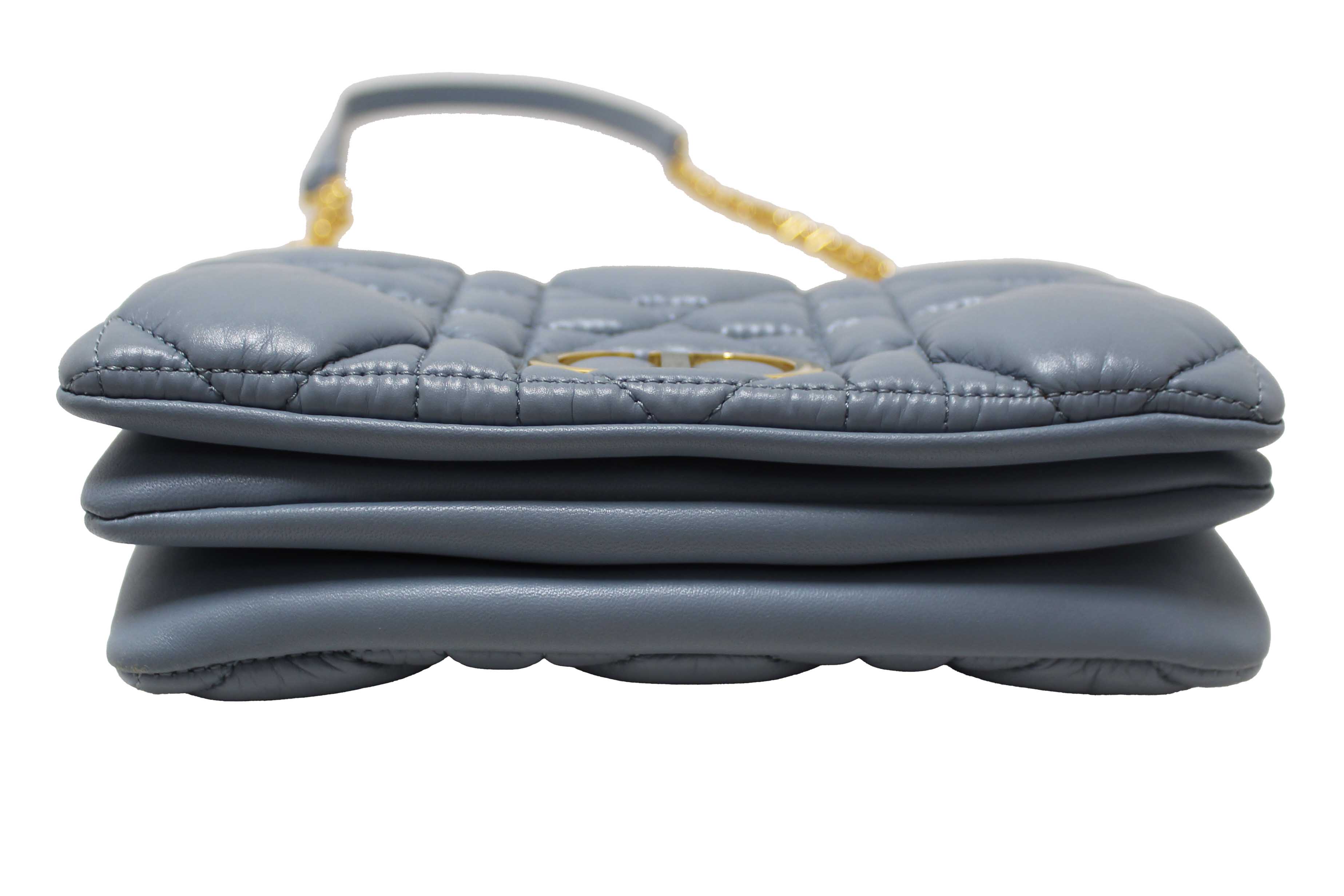 Authentic Christian Dior Blue Padded Macrocannage Quilt Calfskin Leather Caro Mini Bag