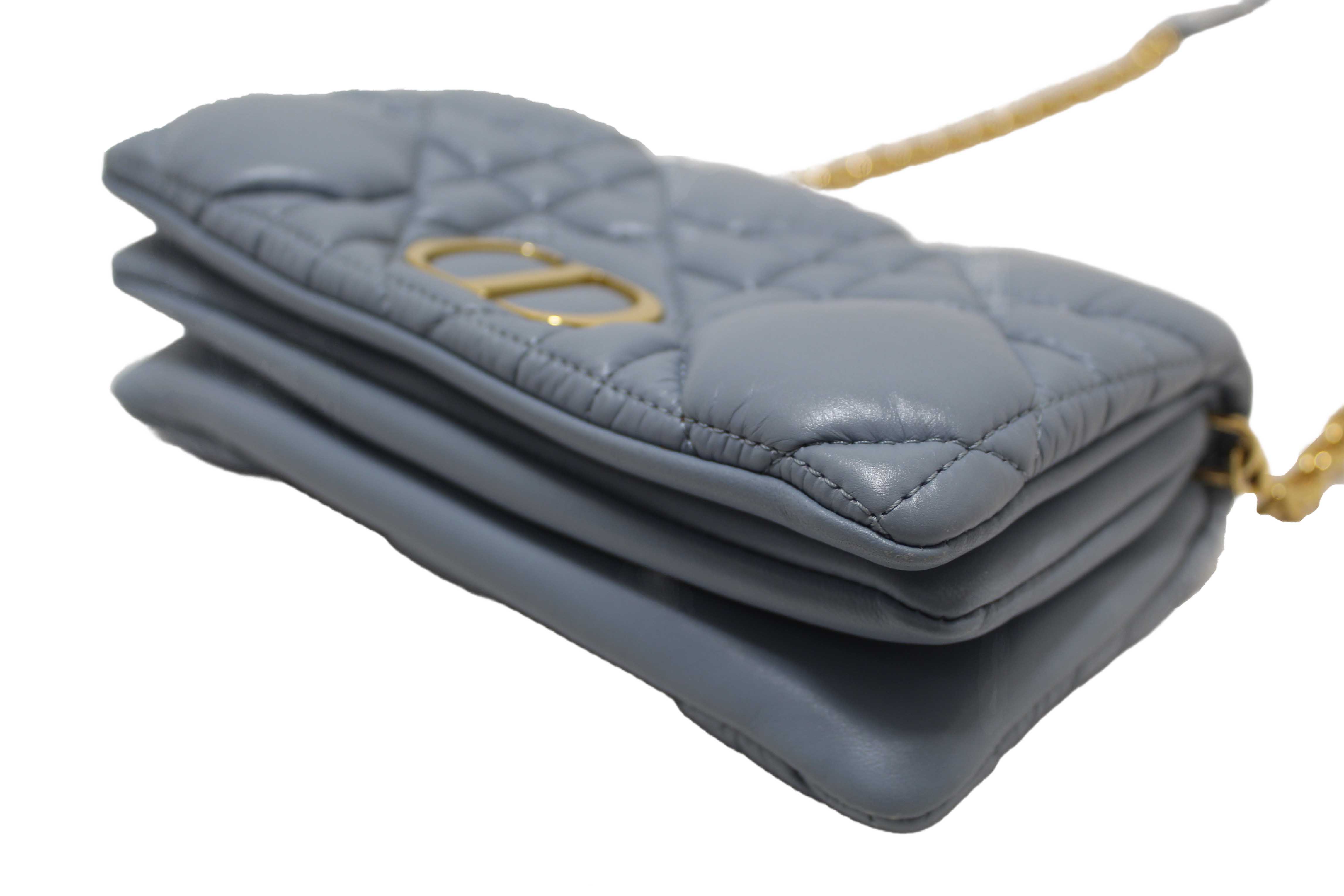 Authentic Christian Dior Blue Padded Macrocannage Quilt Calfskin Leather Caro Mini Bag