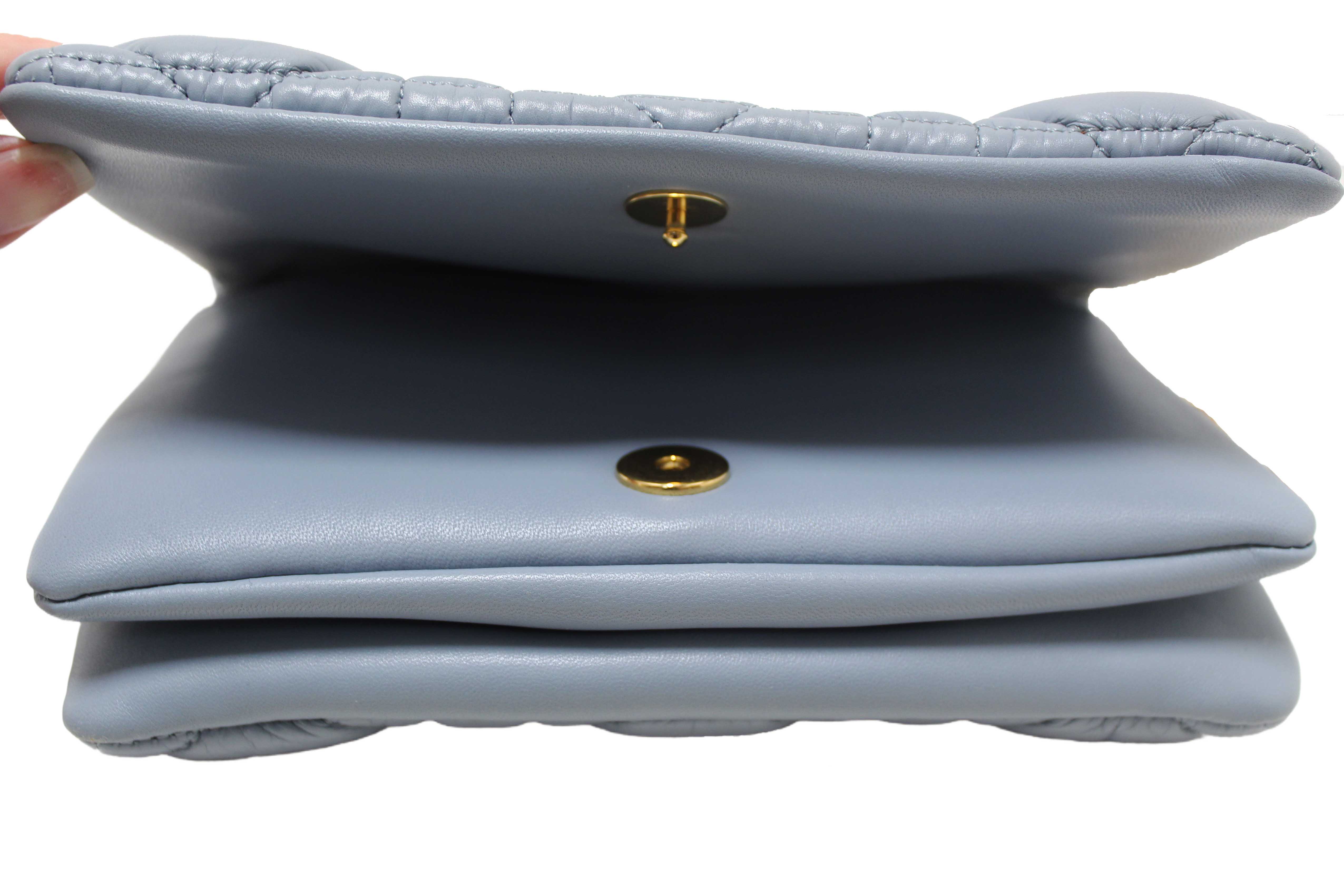 Authentic Christian Dior Blue Padded Macrocannage Quilt Calfskin Leather Caro Mini Bag