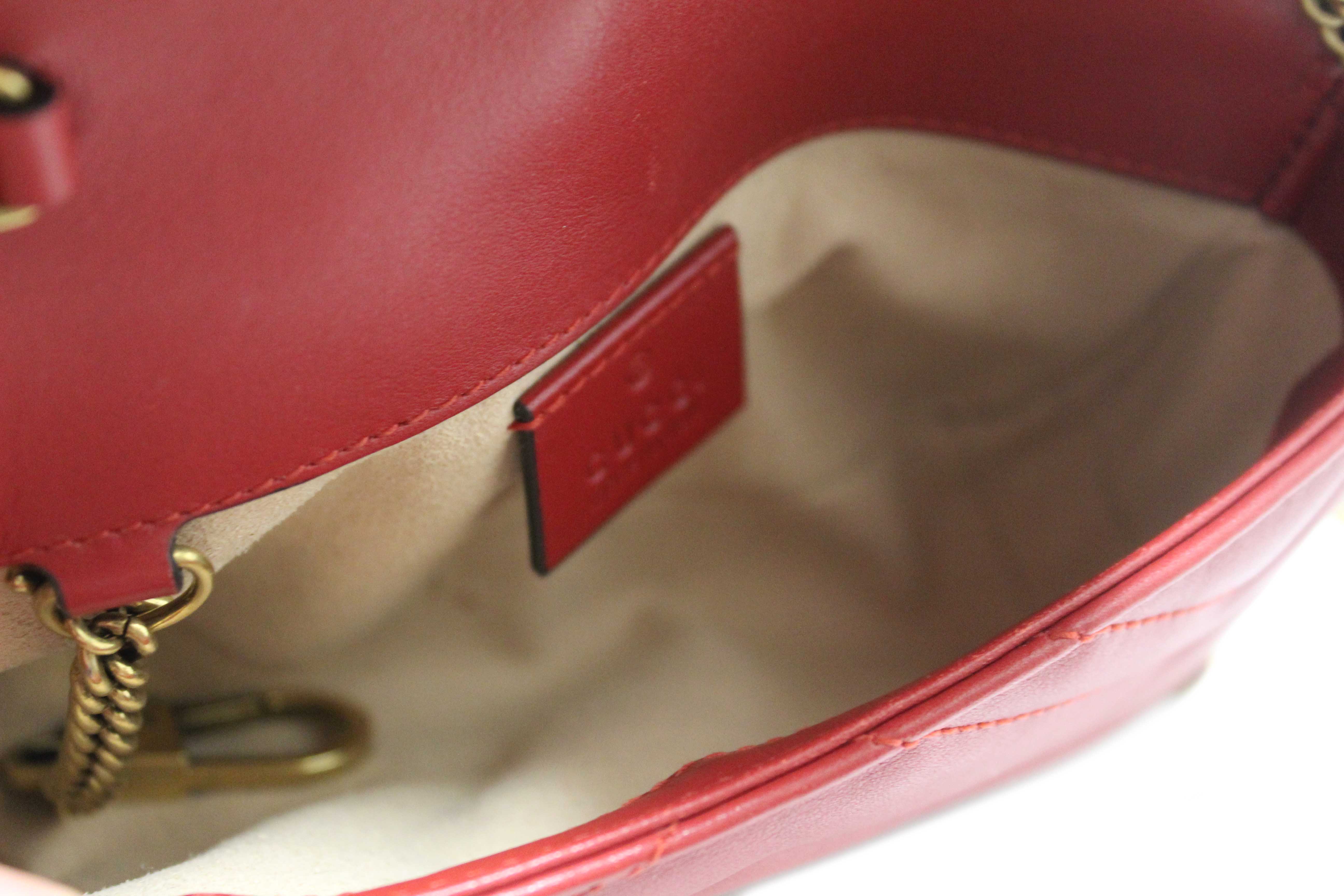 Authentic Gucci Red Marmont Matelasse Super Mini Chain Bag 476433