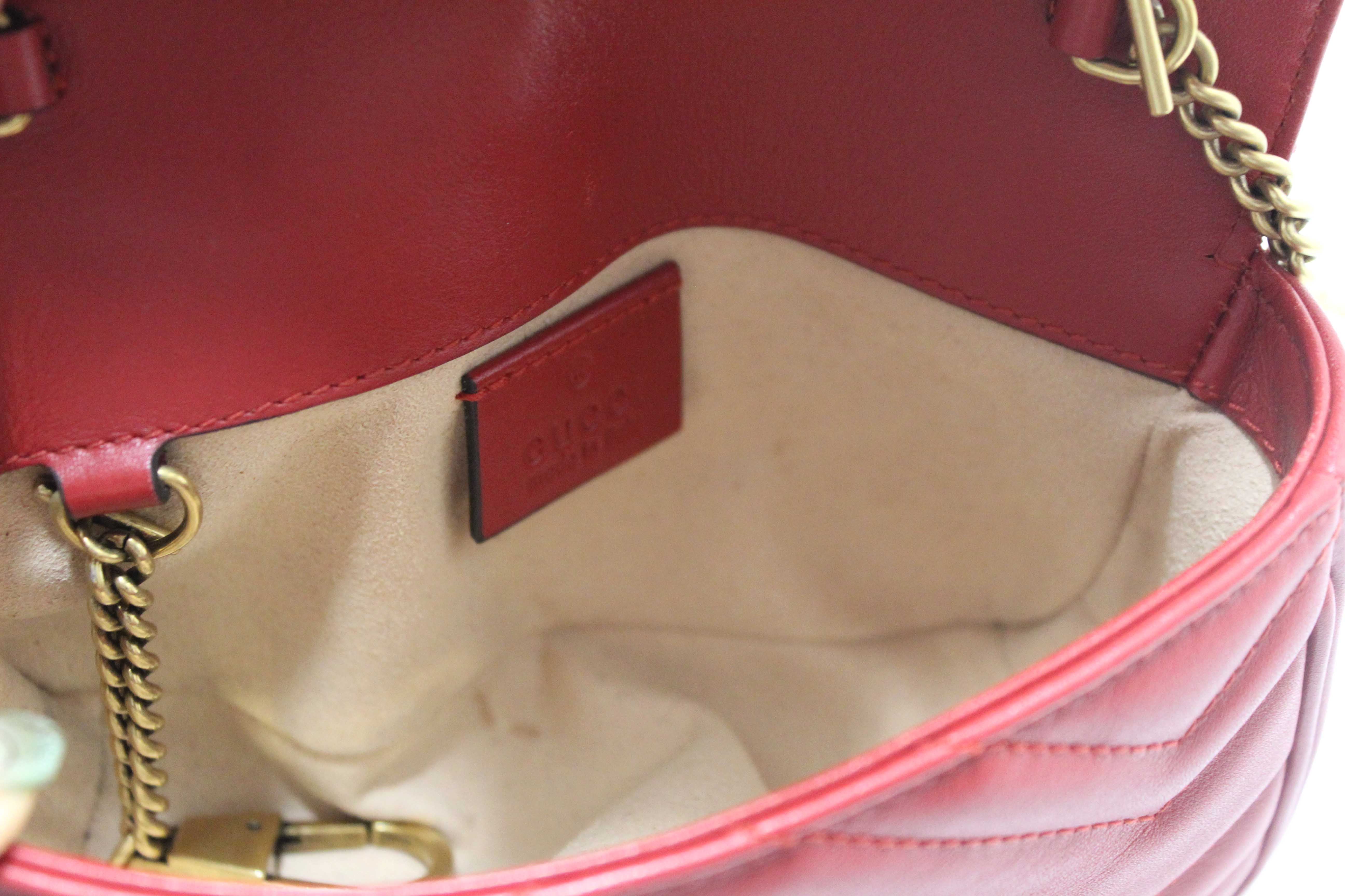 Authentic Gucci Red Marmont Matelasse Super Mini Chain Bag 476433