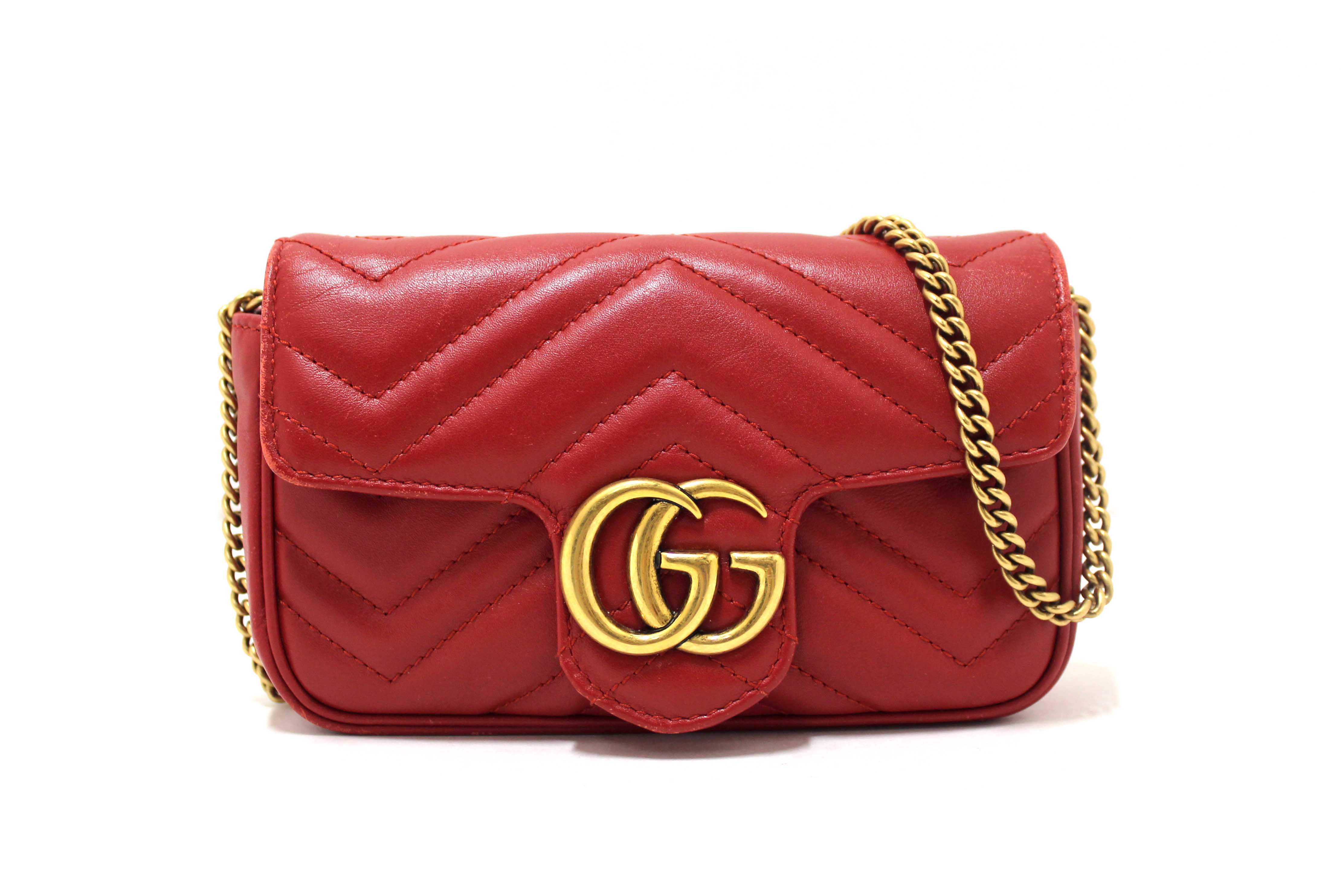 Authentic Gucci Red Marmont Matelasse Super Mini Chain Bag 476433