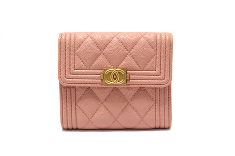 Authentic Chanel Pink Quilted Caviar Leather Boy Small Trifold Wallet
