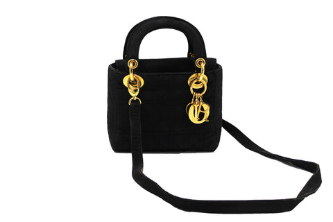 Authentic Christian Dior Black Nylon Cannage Mini Lady Dior Bag