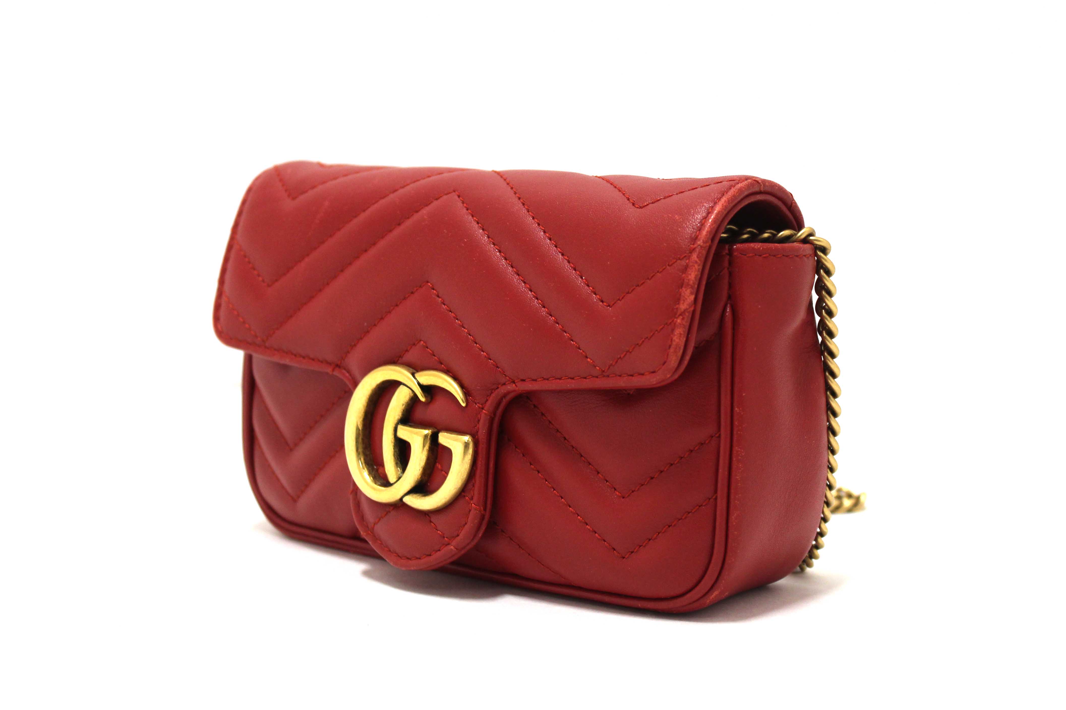Authentic Gucci Red Marmont Matelasse Super Mini Chain Bag 476433