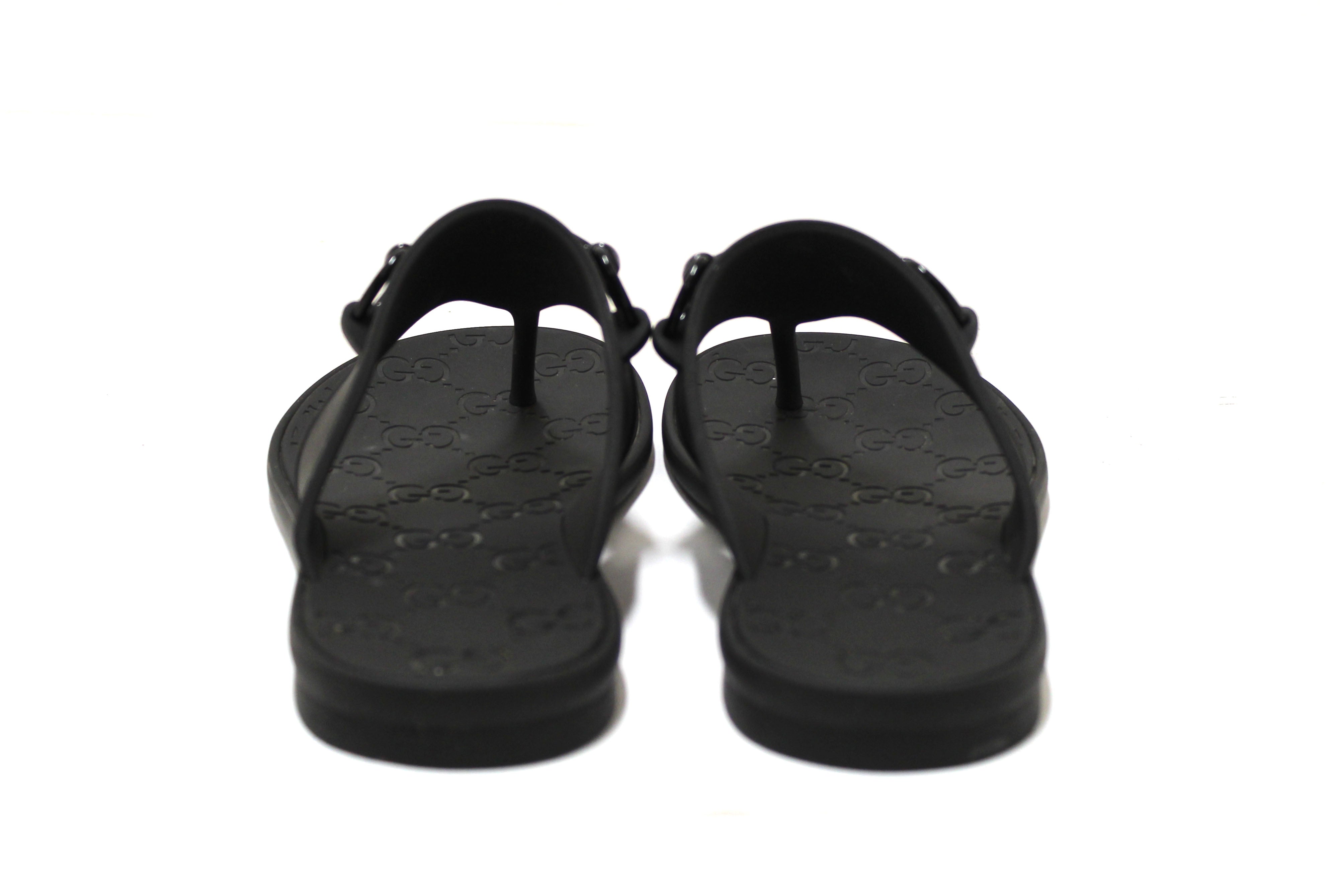 Authentic Gucci Black Minorca Rubber GG Horsebit Thong Sandals size 37