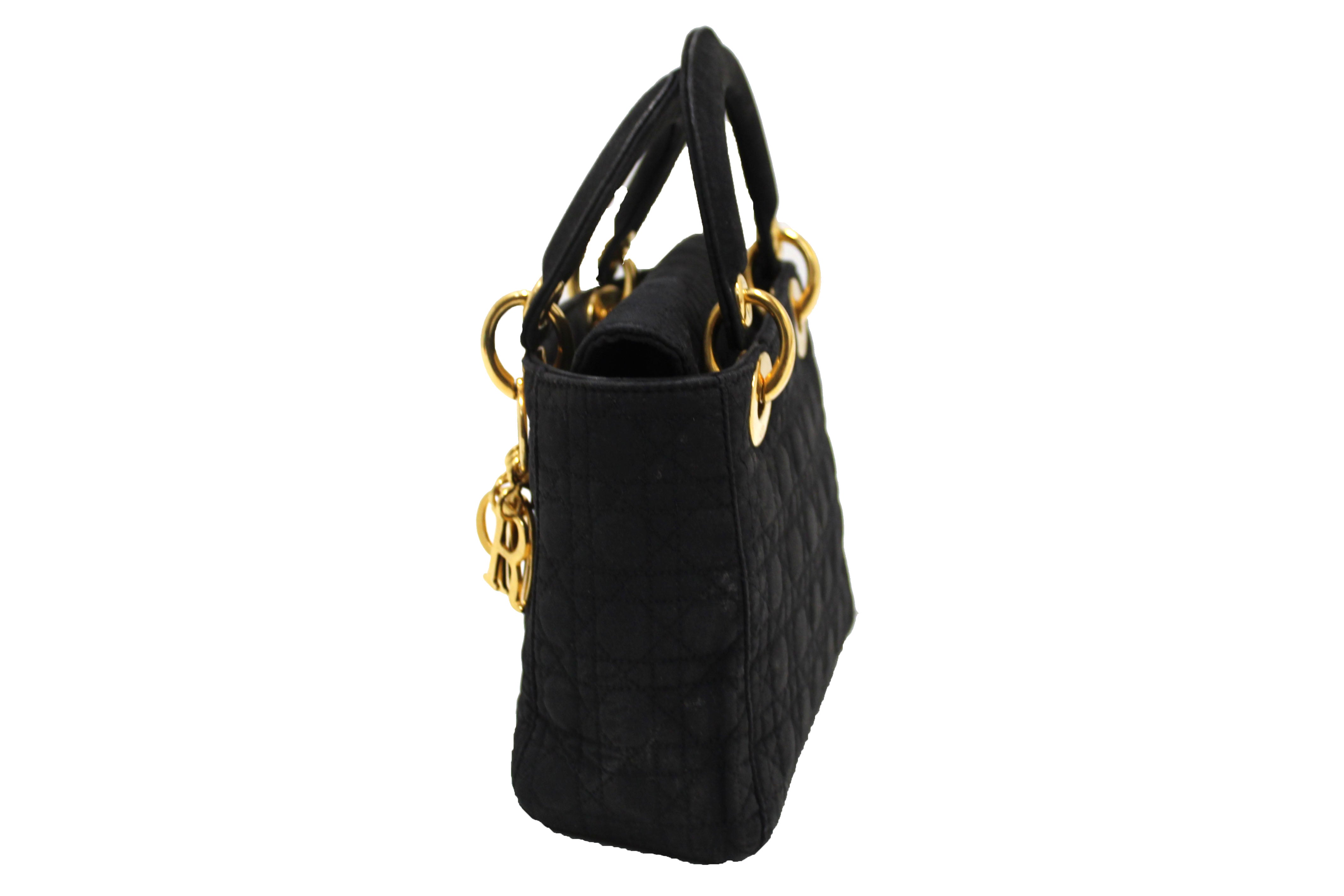 Authentic Christian Dior Black Nylon Cannage Mini Lady Dior Bag