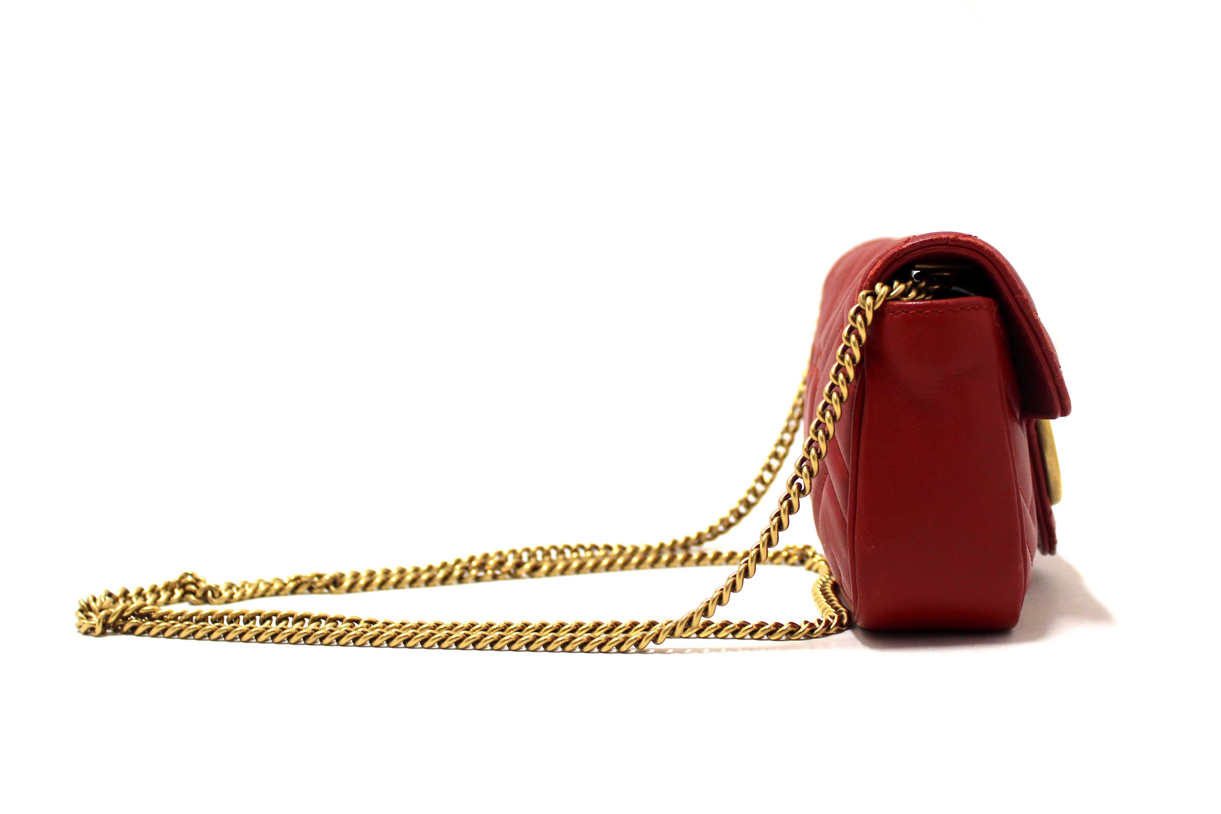 Authentic Gucci Red Marmont Matelasse Super Mini Chain Bag 476433